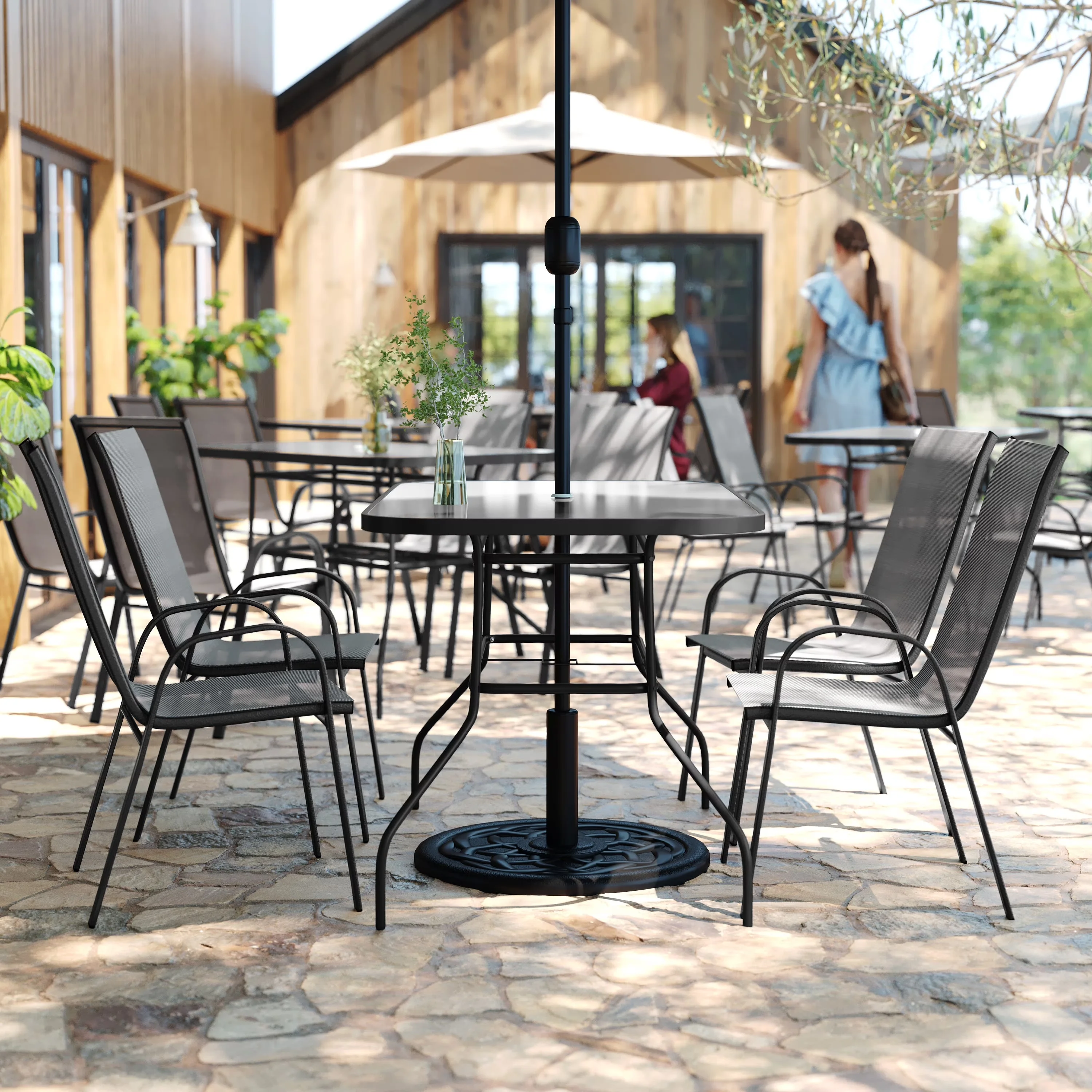 Sleek Patio Dining Set with Contemporary, Chair Gray - Steel, Fabric, Glass, Textilene Gray Model FE84BB