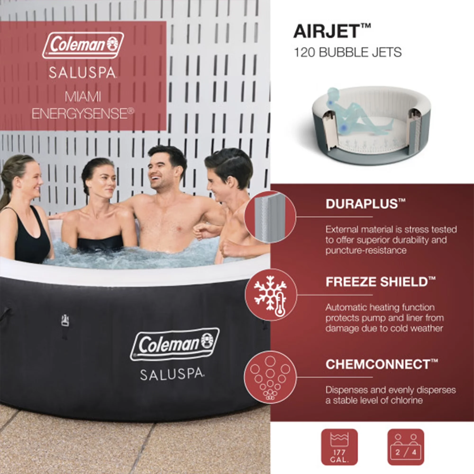 Hot Tub Professional with Led Display, Inflatable, 4 Piece Set - Black Model BF60B0