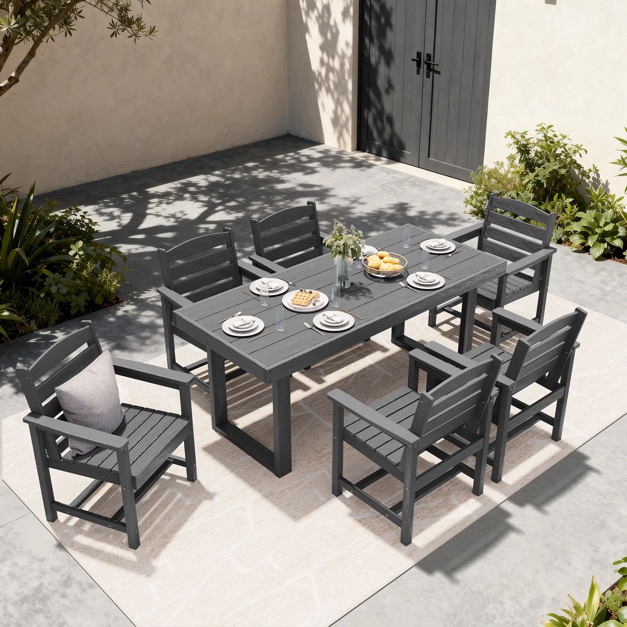 Durable Patio Dining Set with Umbrella Hole, All-Weather HDPE Table and Chairs, Rectangular Table - Model B3574C
