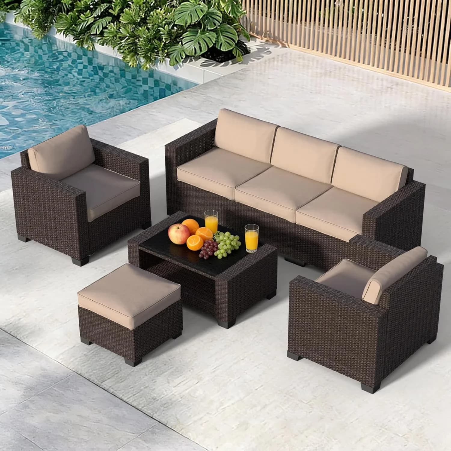 Modern Patio Conversation Set with Weatherproof, Perfect - Beige &Brown Rattan, Polyester, High-Density Foam, Iron for Garden Model 04AAD9