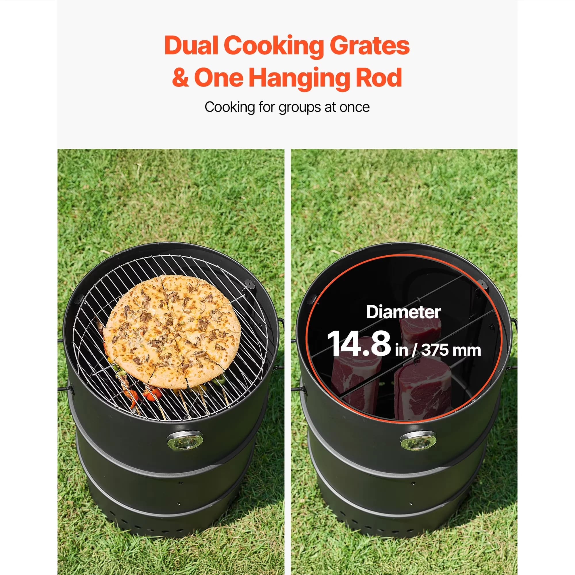 Sleek Smoker with Hanging Rod, Coated Steel Construction - Black Metal for Outdoor Model E0B051
