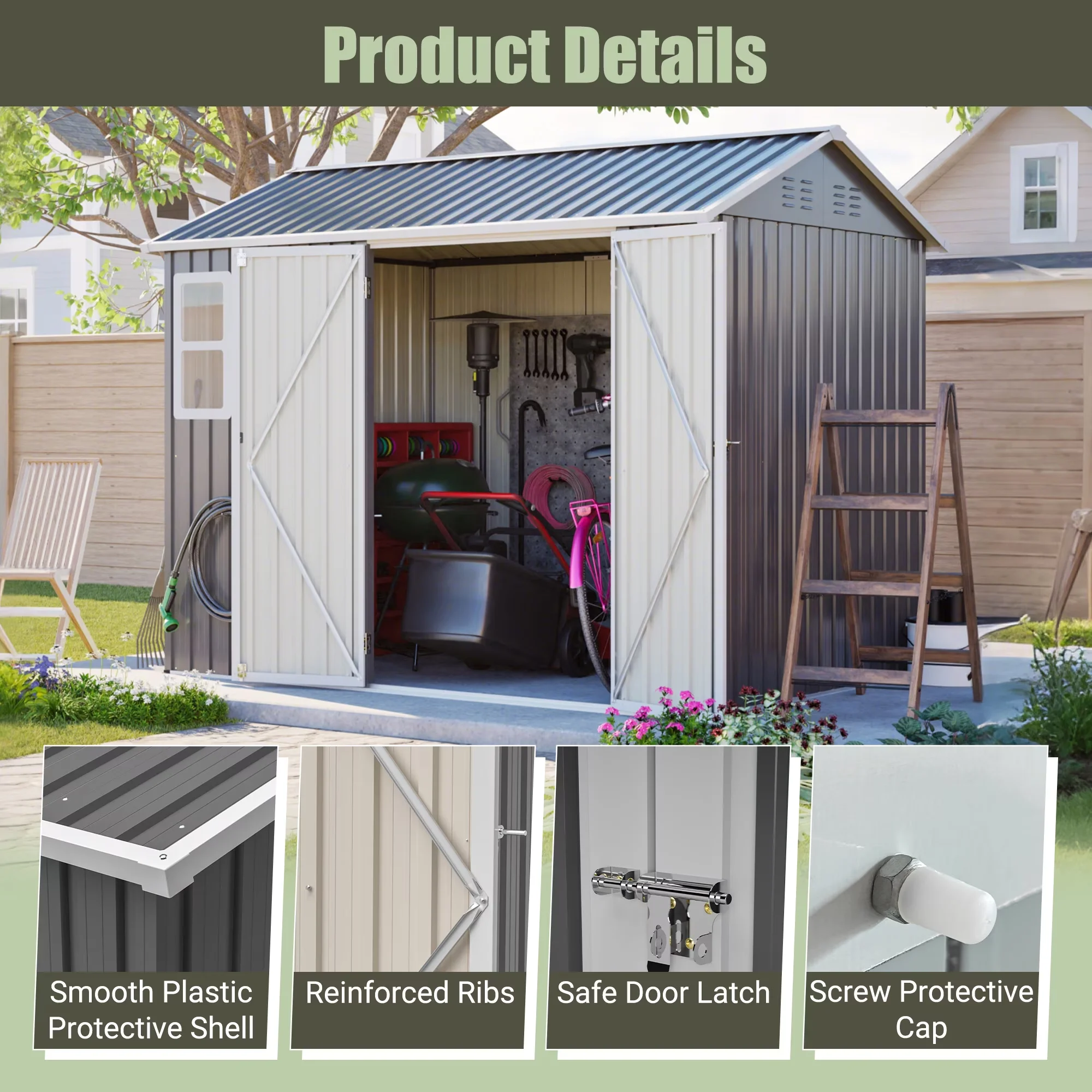 Shed Sleek with Lockable Door, Mildew Resistant - Steel Gray for Patio Model AB726A