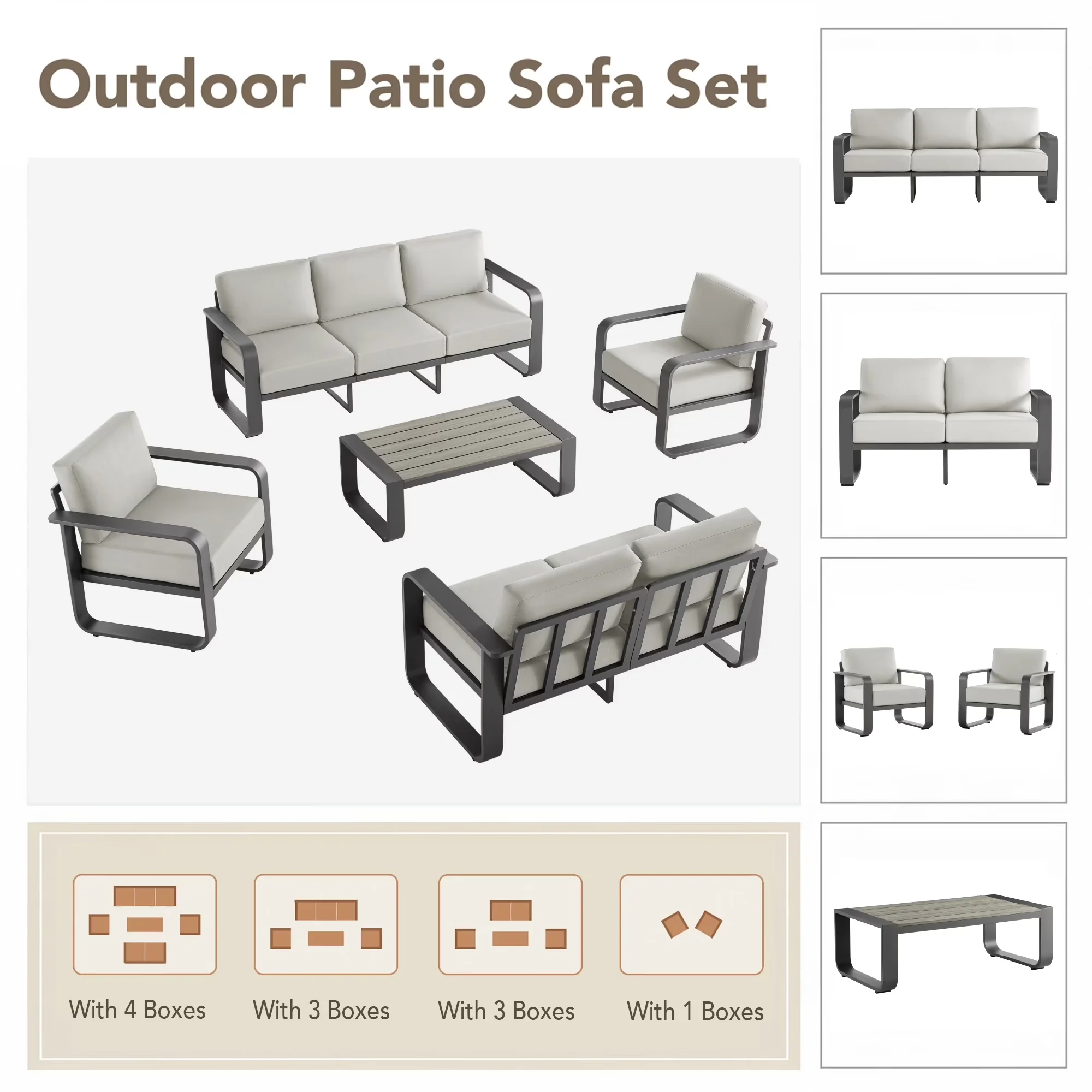 Reliable Outdoor Sofas Sectional with Aluminum Wood-Grain Furniture, 6.3" Thick Olefin Cushions, Sofa & Loveseat - Aluminum, Olefin Model 92F59D