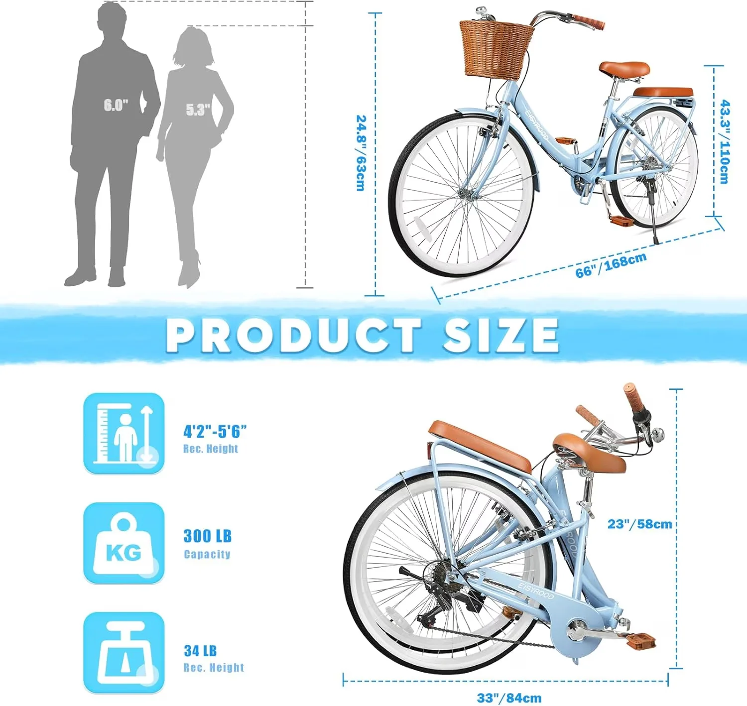 Cruiser Bike Durable with Adjustable Seat Height, 26 inch 7 Speed Folding Beach - Blue Model 655120