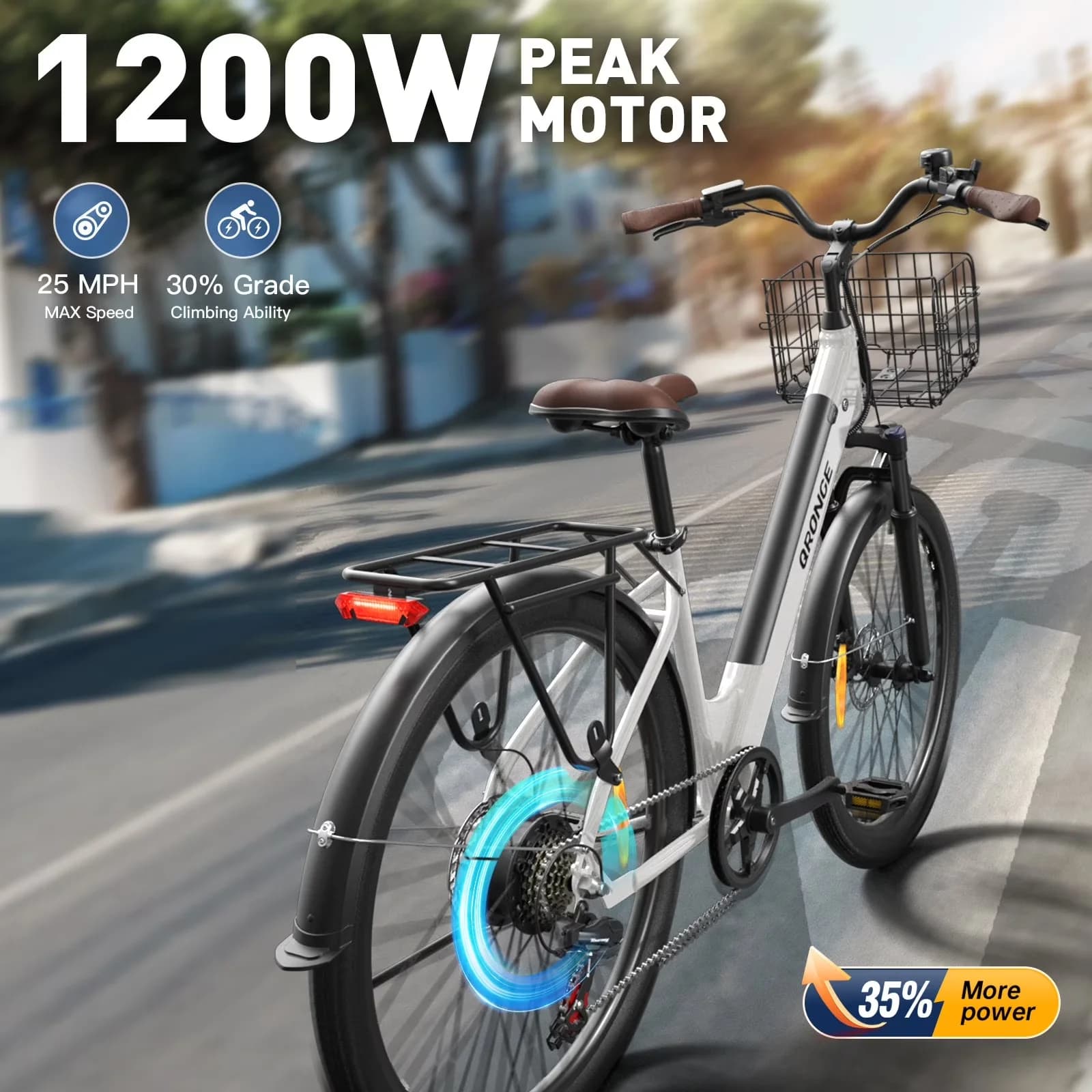 Essential Electric Bike with Battery, 1200W, 26 inch - White - Compact and Portable Model 37233C