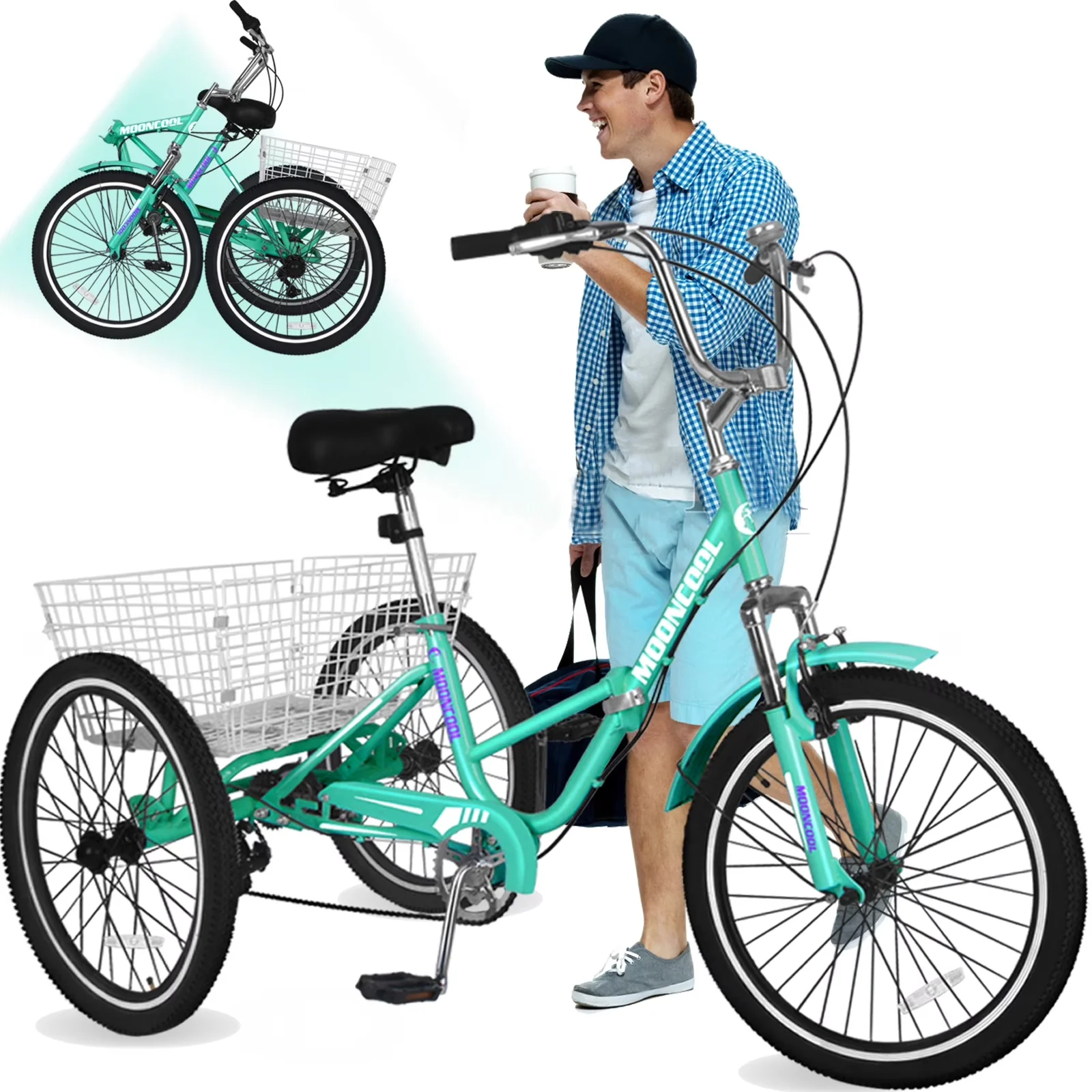 Sleek Cruiser Bike with Foldable, 20" Three Wheel Bicycle, Folding Tricycle - Cyan Model 99BA7F