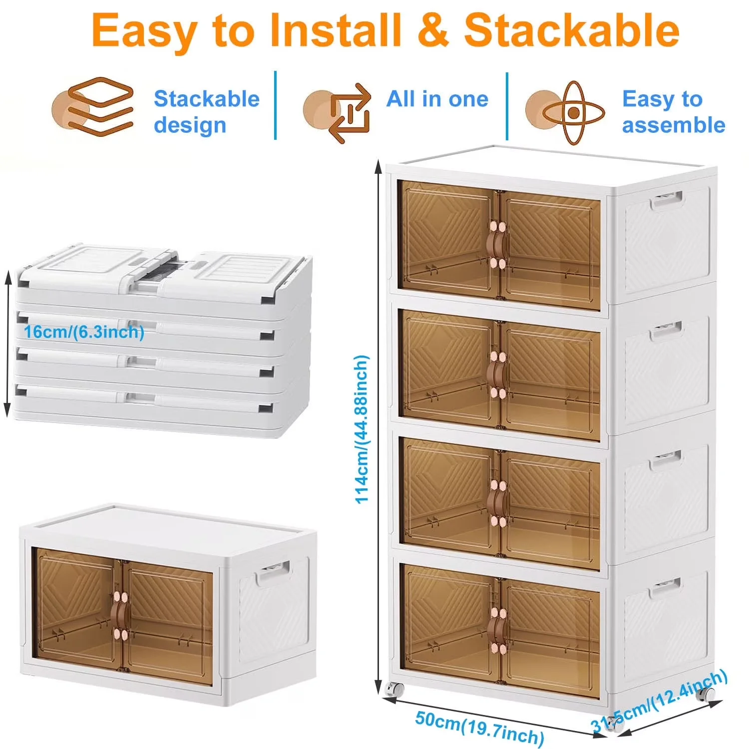 Modern Garage Storage Supply with Lids- 4 Tier Folding box, Bins, Collapsible Plastic Bins - White Abs, Polyester Model 791C3D