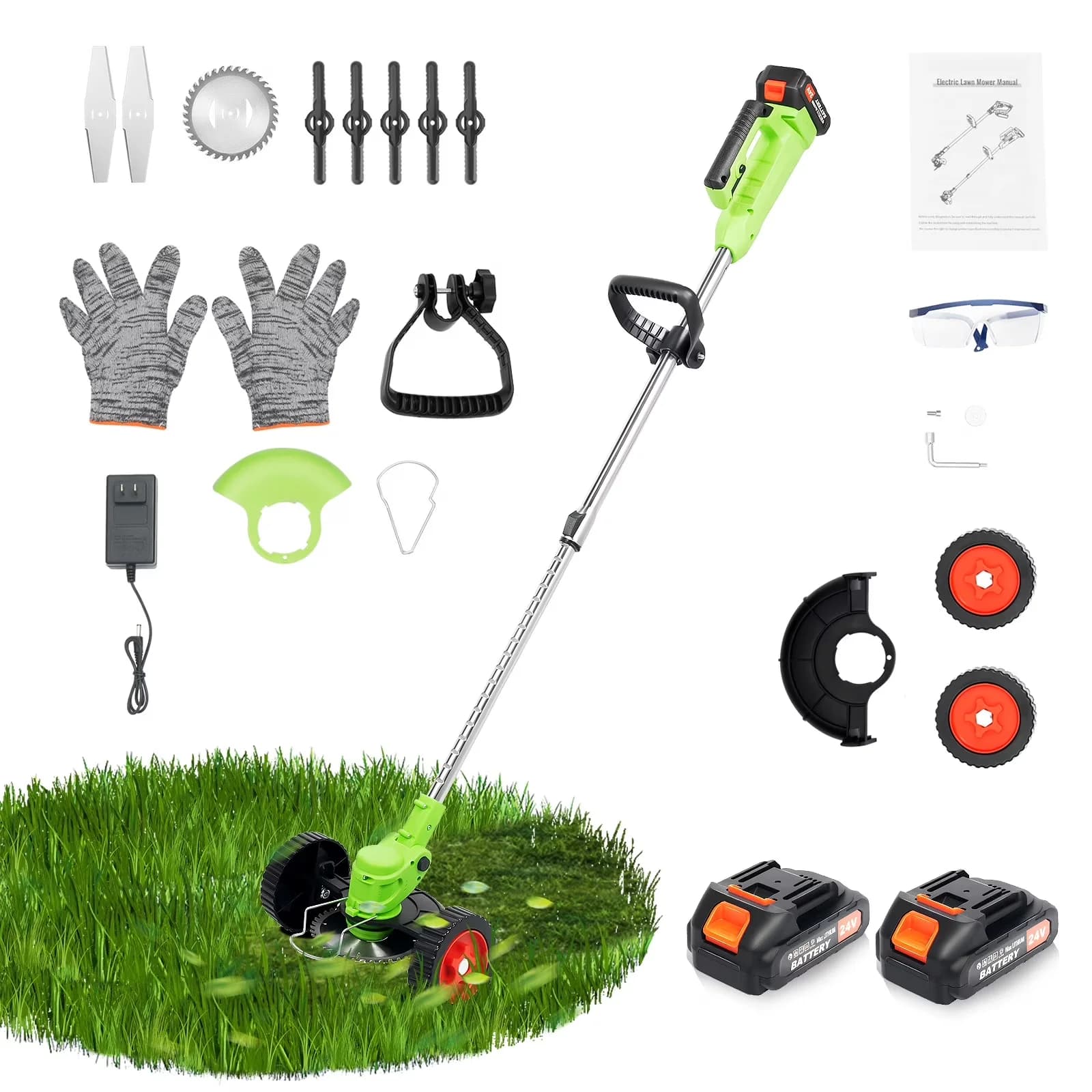 Stylish Push Mower with Battery, 650W, Adjustable Handle Bar - Green - Sleek Profile Model 9DBD05