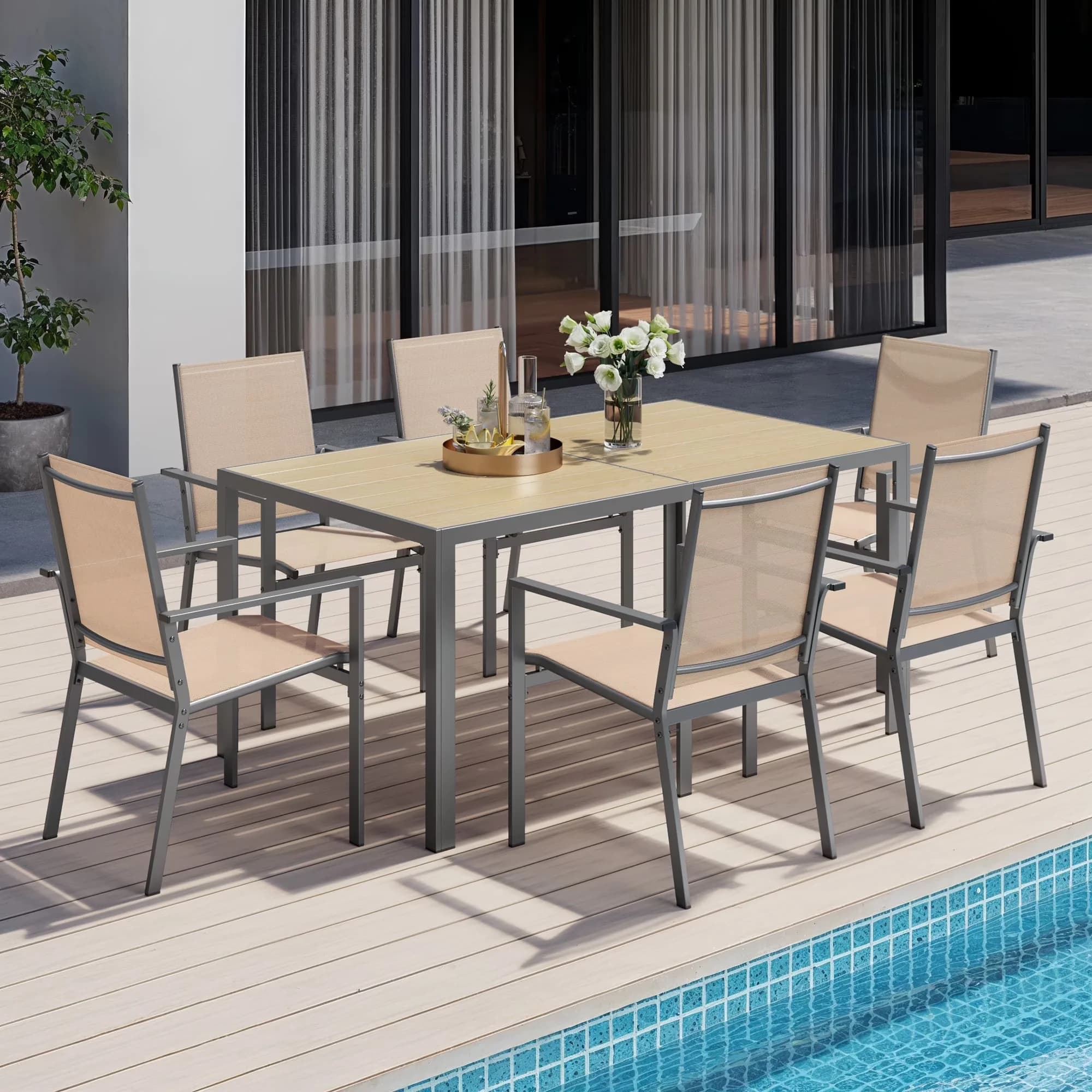 Reliable Patio Dining Set with Weatherproof, >>Specifications, >> Key Feature - Textilene Fabric, Steel Brown Model 2F0243