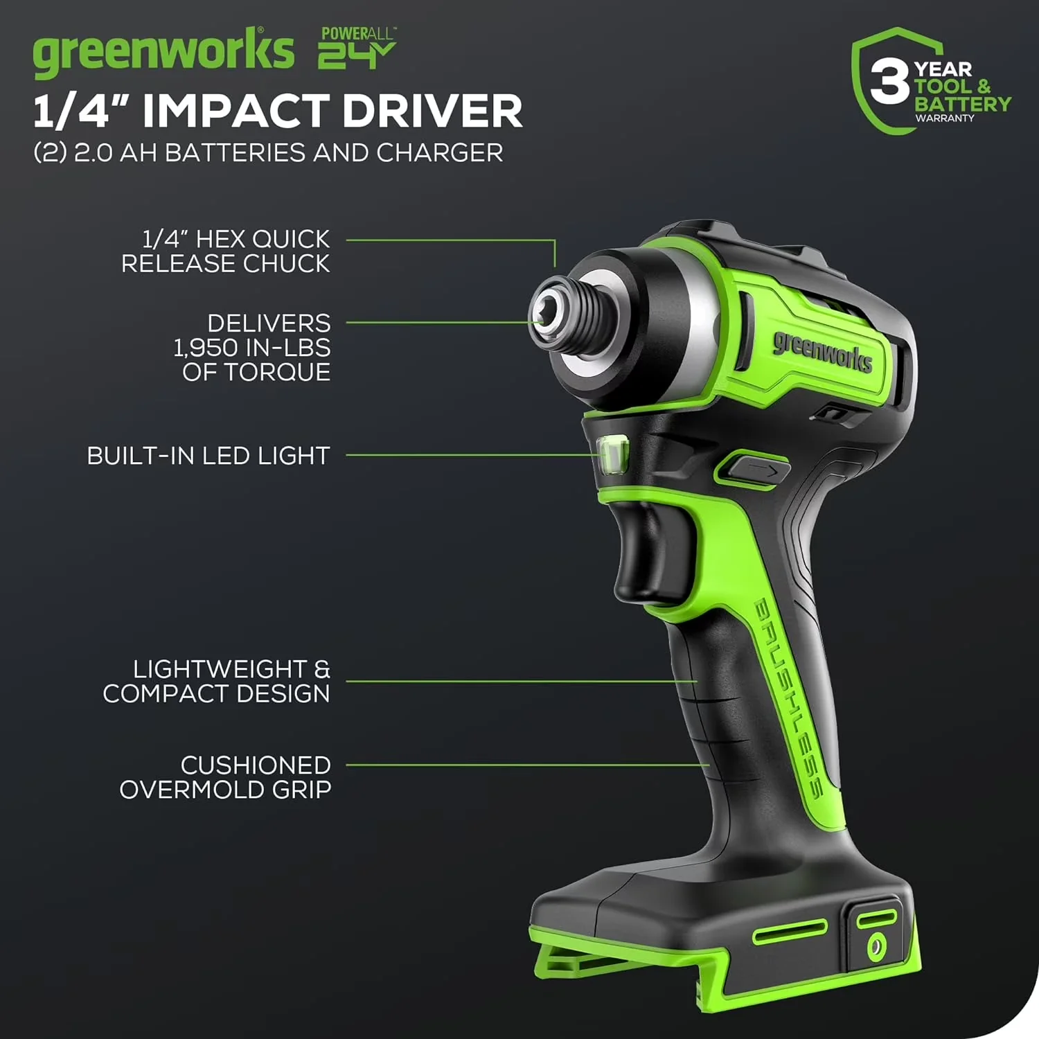 Essential Drills Driver with Battery, 24V, Battery Powered - Green 1/4 in Model 4FE12E