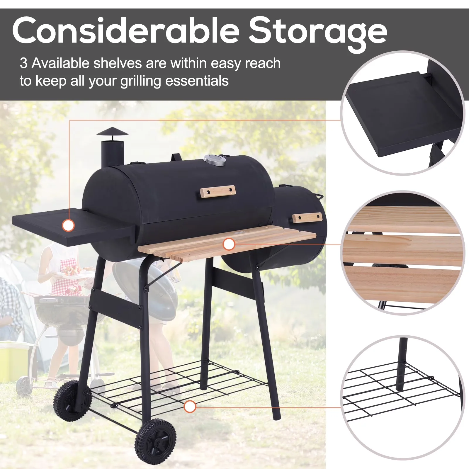 Stylish Flat Top Grill with Offset Firebox, Thermometer, Storage Rack - Steel Black Model 8526D2