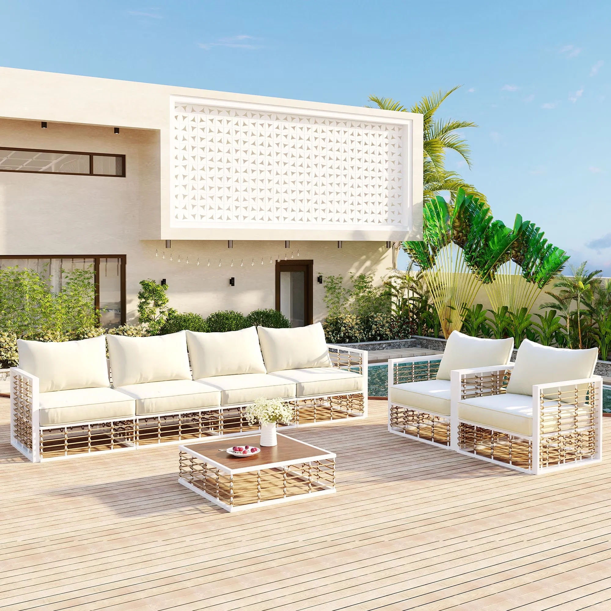 Outdoor Sofas Sectional Stylish with Modern, Water-Resistant, Thick Cushions and Coffee Table - Metal White for Indoor, Outdoor Model AC97A3
