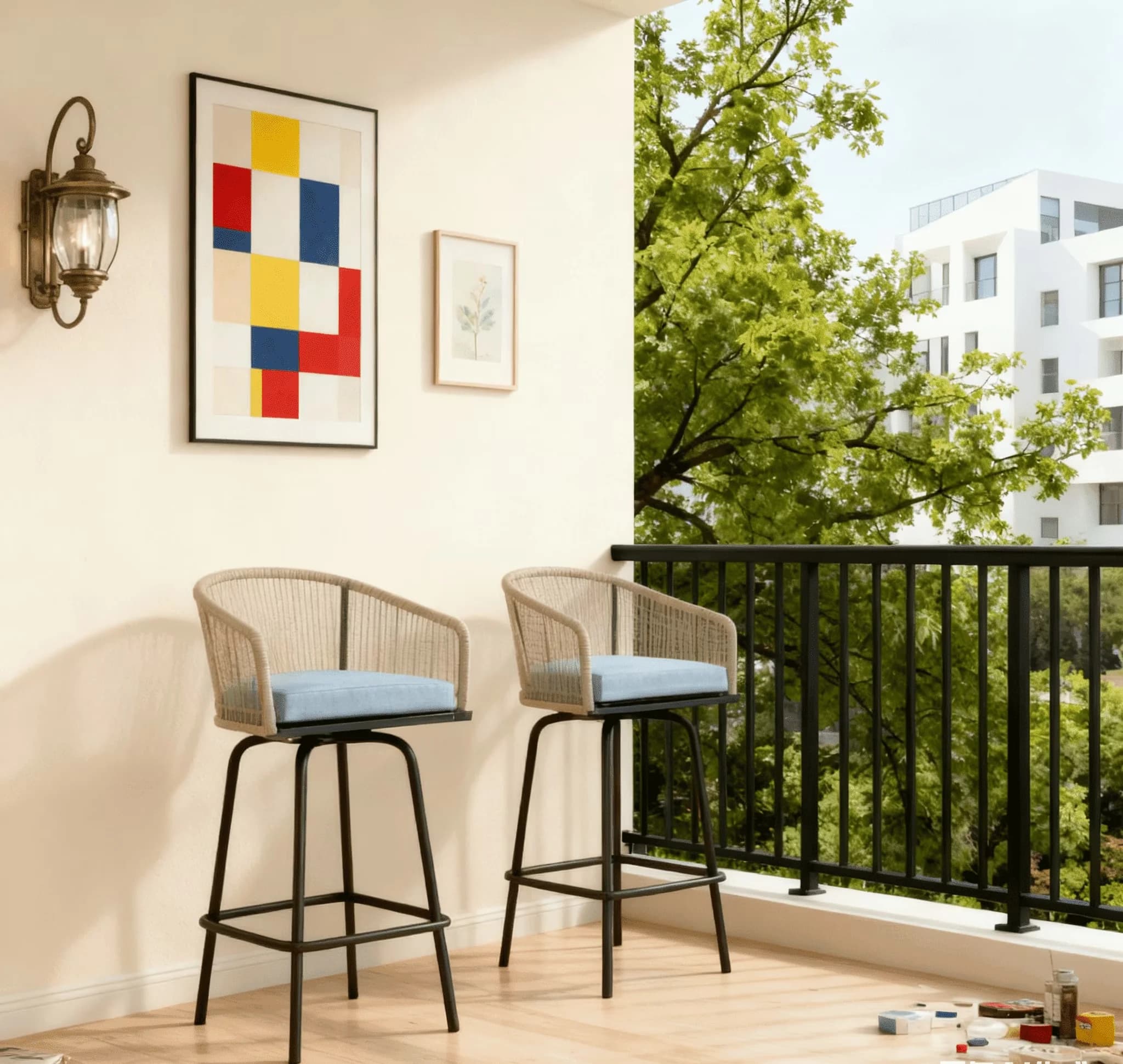 Professional Patio Dining Set with Weather-Resistant, Rust Resistant, Waterproof - Rattan, Cotton, Steel Blue Model A6A6EB