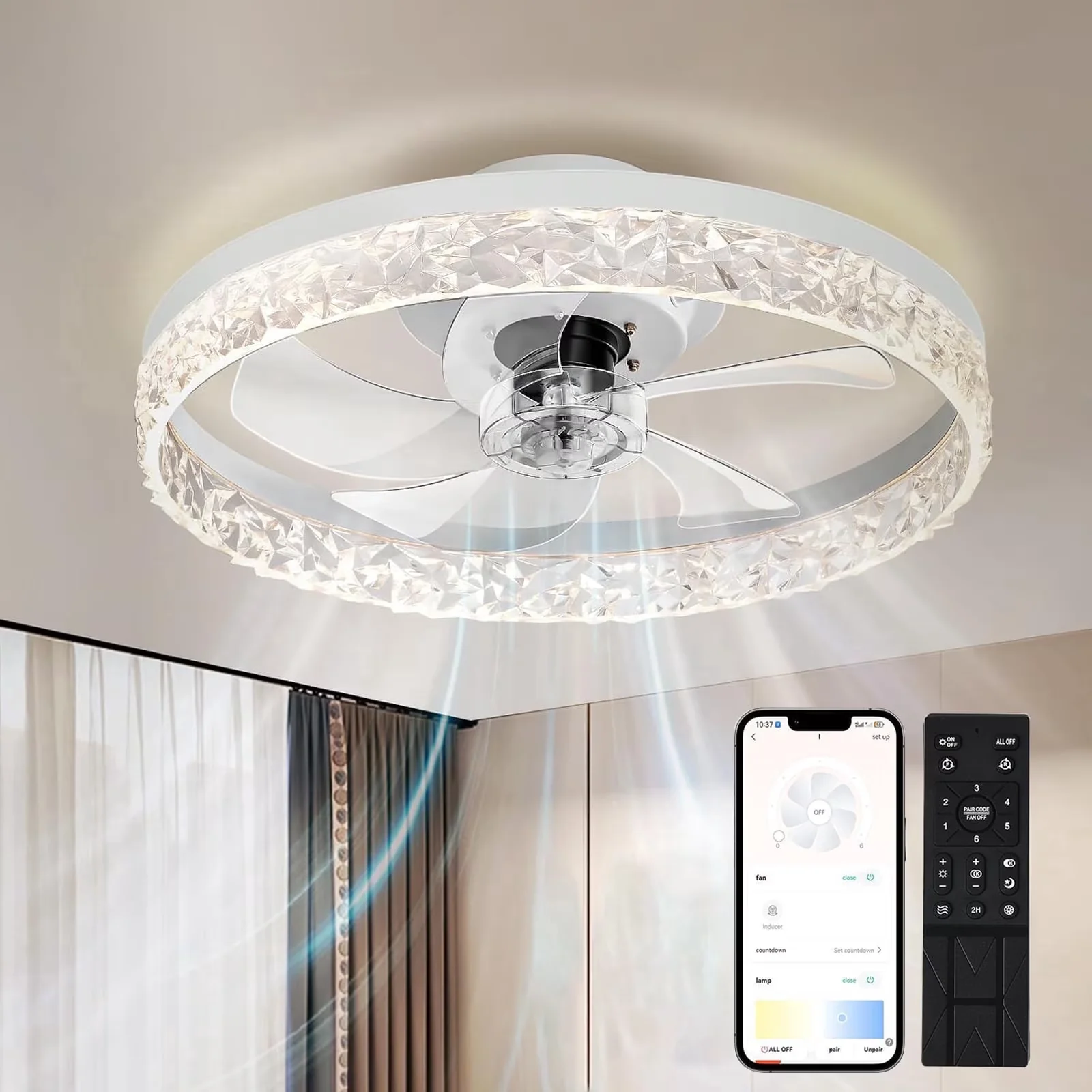Efficient Ceiling Fan with LED, Flush Mount, 20" Smart - 3000K-6500K for Everyday Use Model E5B4FC