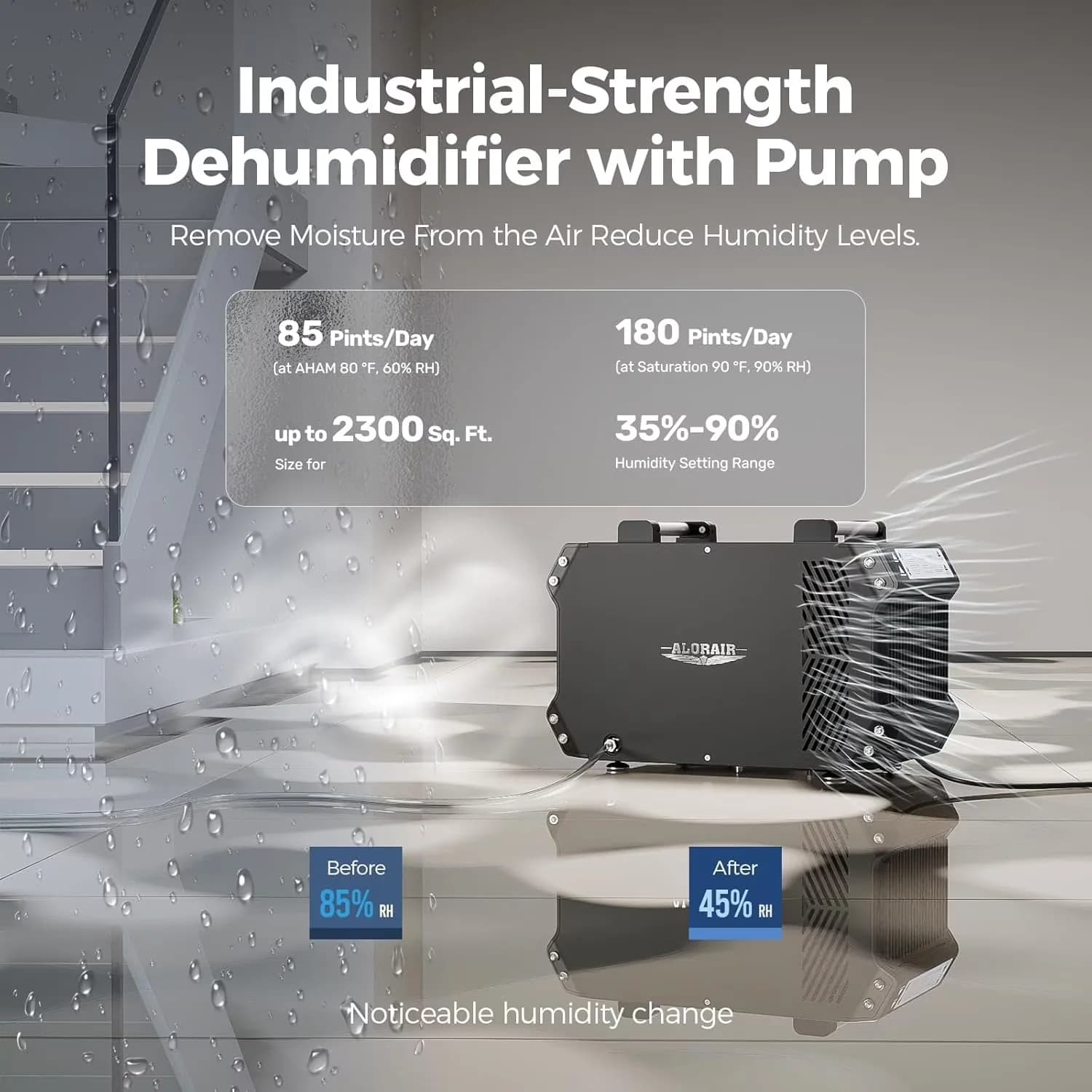 Dehumidifier Sleek with Pump, ③Air Flow:194CFM, 330CMH, Crawlspace Dehumidifiers - Black Model 272EF0