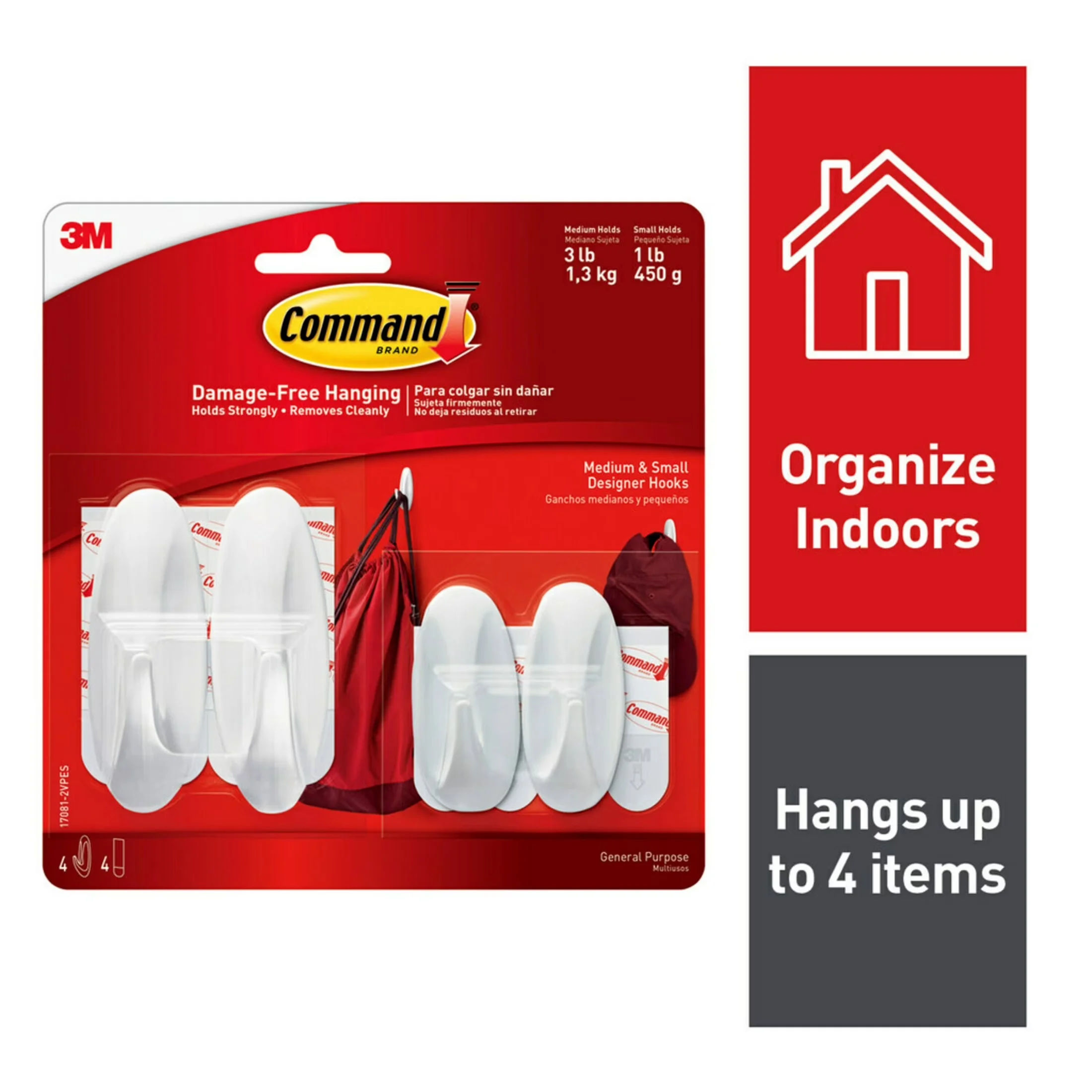 Versatile Damage-Free Hanging with Easy Installation, Wall-Mountable, General Purpose Hooks Small/Medium - White Plastic Model E8BC07