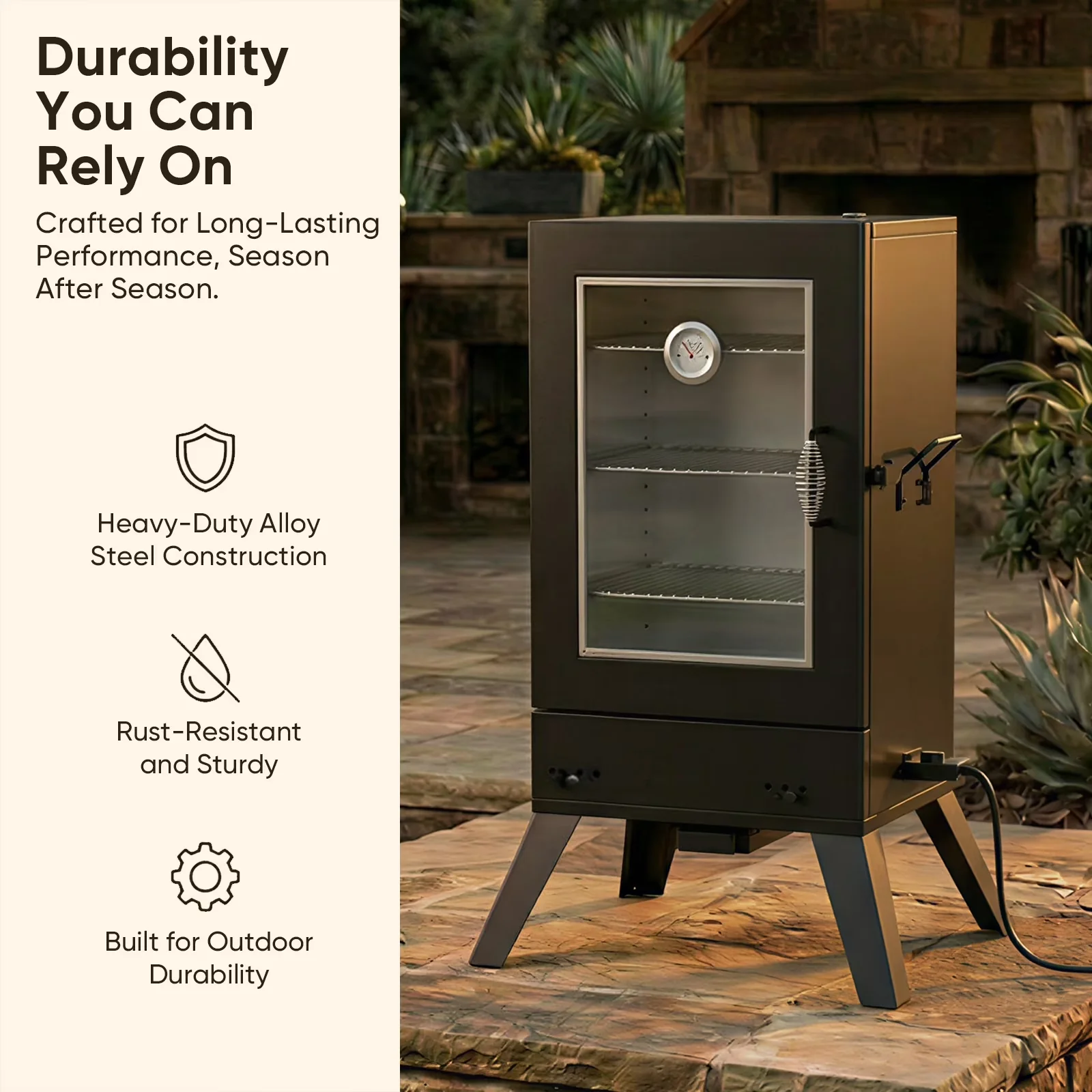 Smoker Efficient with Adjustable Air Vents, Rust Resistant - Steel With 3 Replaceable Hooks Model 07A00B