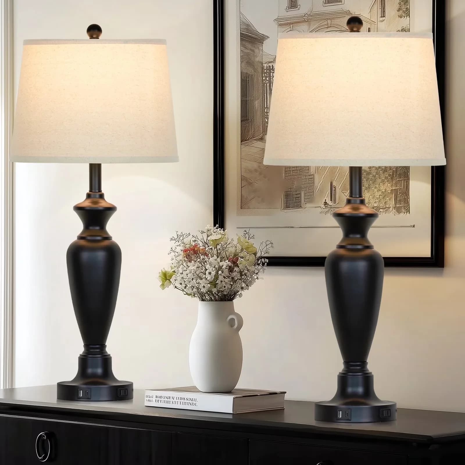 Classic Table Lamp with LED, Touch Sensor - Black Metal for Living Room, Bedroom Model 8D6052