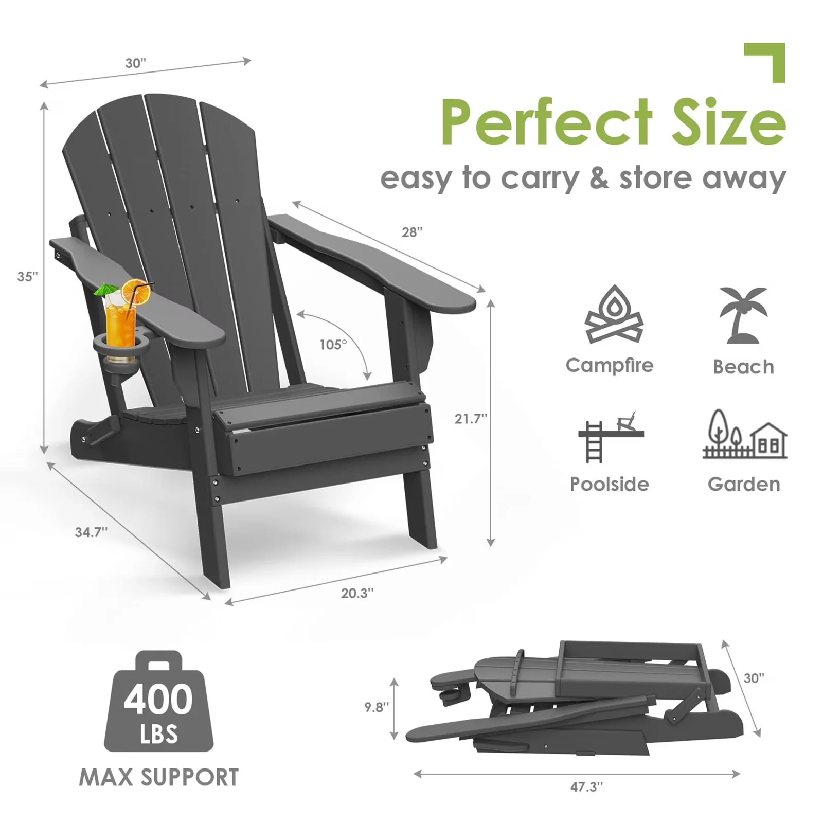 Versatile Patio Chair with Weather-Resistant, Folding, Waterproof - Hdpe Gray Model 4A9CFC