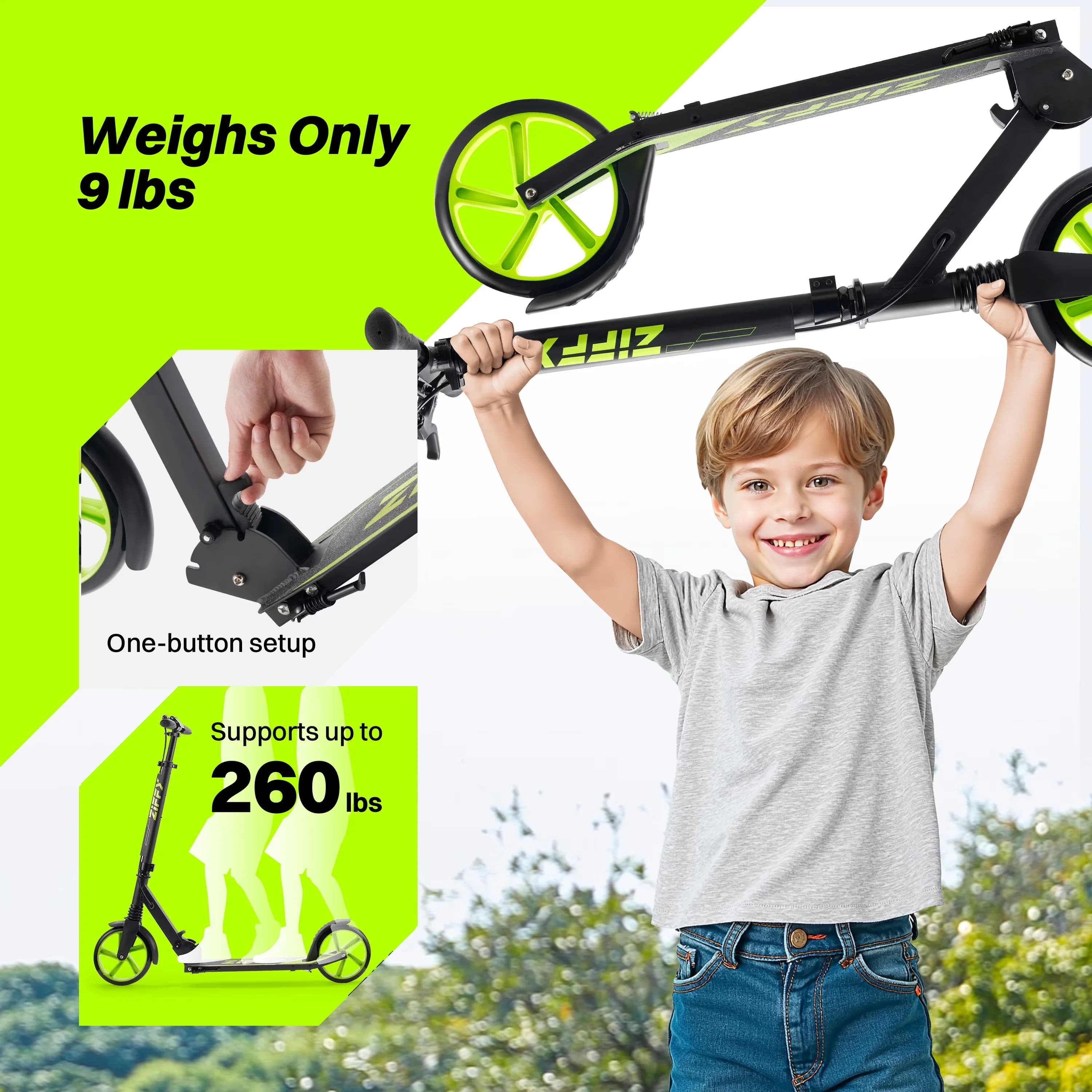 Classic Scooter with Foldable, Foldable Kick, Kids - Green Aluminum 6-12 Model 73DED4