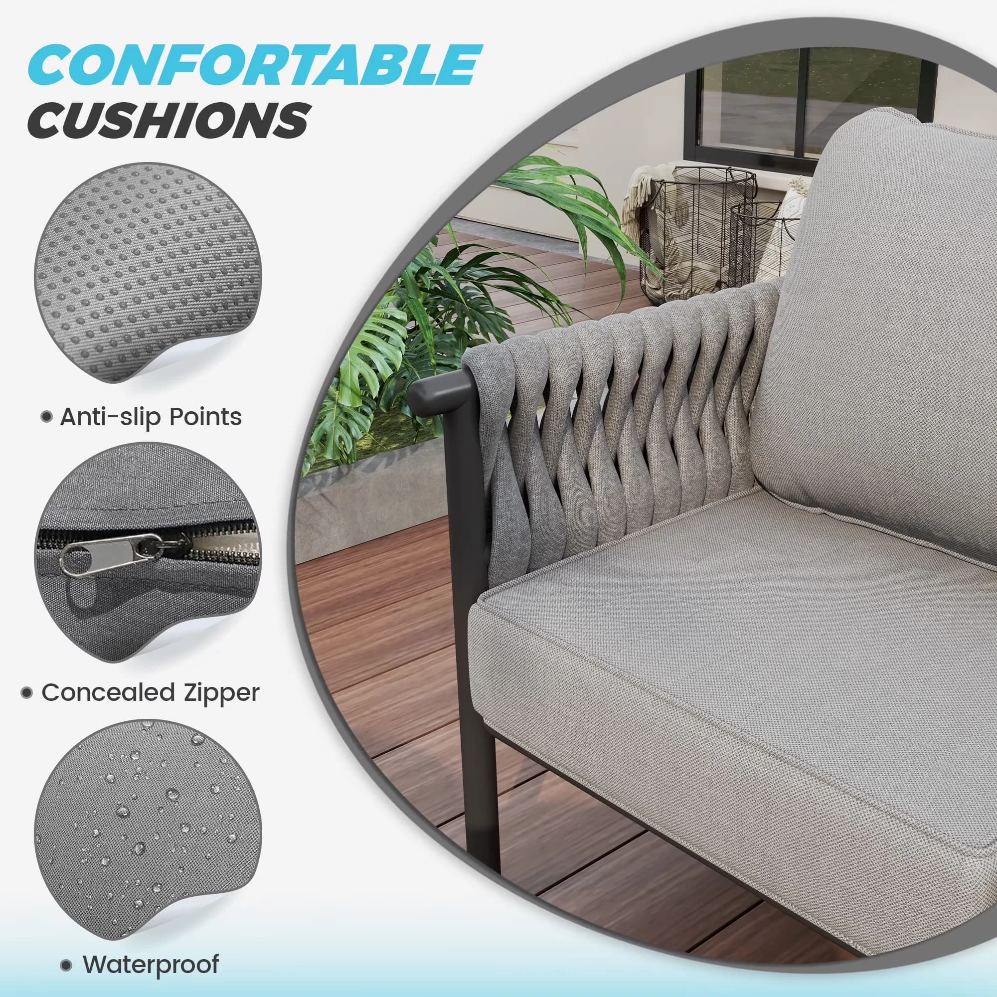Patio Dining Set Modern with Waterproof, 6" Thickened Cushion, Furniture 3 Pieces - Metal Dark Grey Model 1B4697