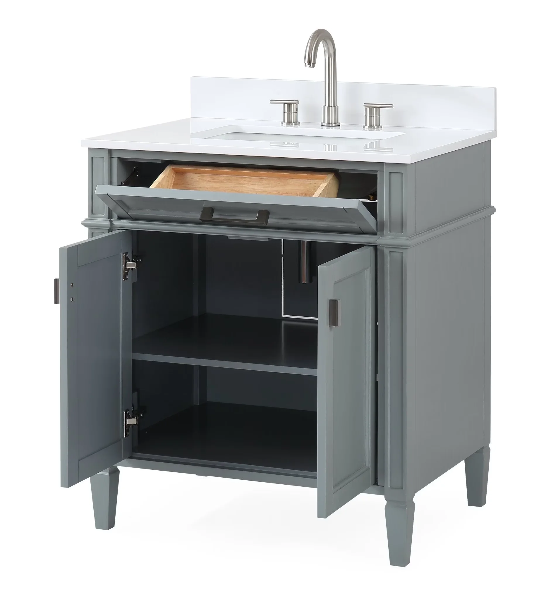 Reliable Bathroom Renovation with Brand 30" Modern Gray Vanity, White Quartz Top - Model DE4B6B