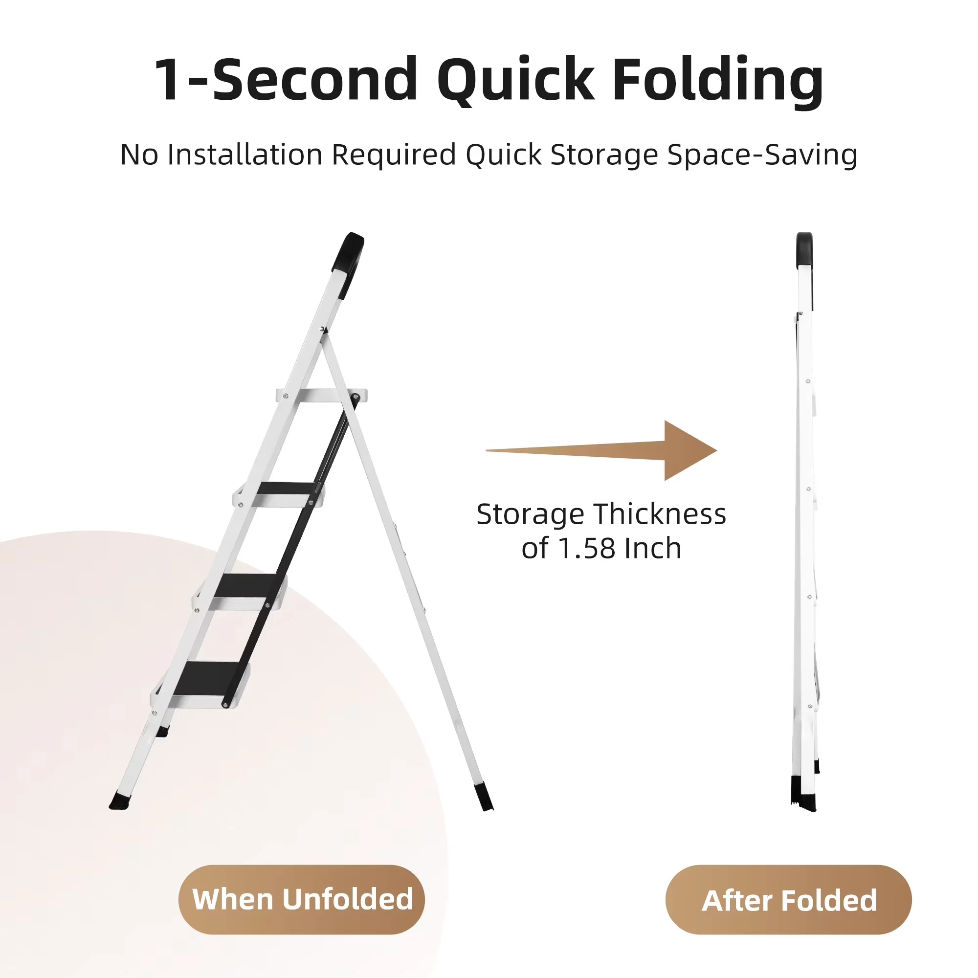 Ladders And Step Stool Sleek with Handgrip, Portable Lightweight - White Steel for Kitchen, Office Model 03337A