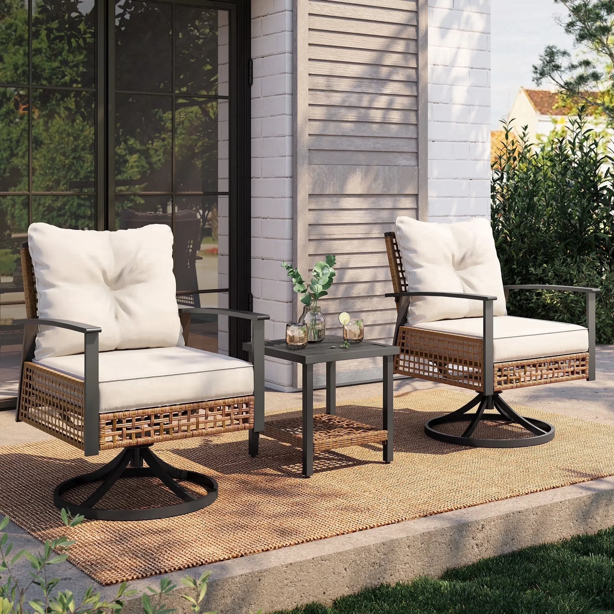 Patio Conversation Set Sleek with Storage, Beige Cushions, 3 Pieces Outdoor Furniture - Beige Steel, Pe Wicker Model F626FE