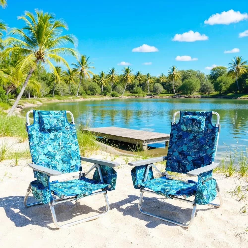 Beach Chair Durable with Pillow-Navy, Material:PVC, aluminum, sponge, Patio Lawn Webbed Folding Chairs - Blue for Garden Model D2CD8F