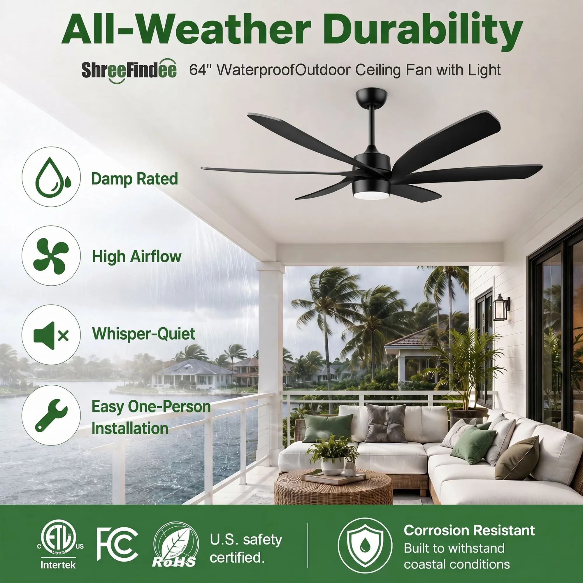 Modern Ceiling Fan with Reversible Blades, Remote Controlled, Color Changing - Acrylic Black Model 4221EF