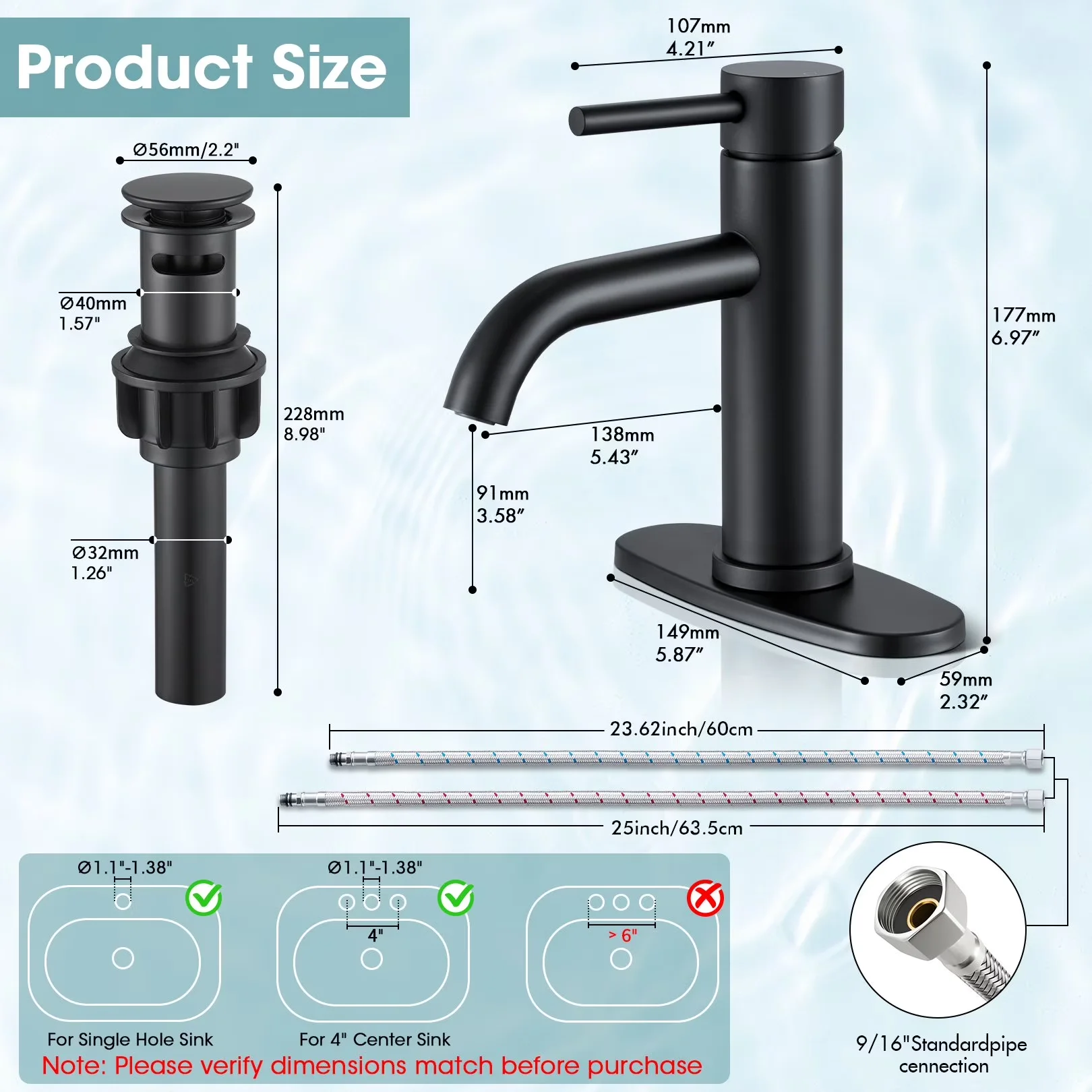 Plumbing Compact with Easy To Clean, Modern Bathroom Faucets, Handles: Single Handle Lever - Stainless Steel Black Model 94678B
