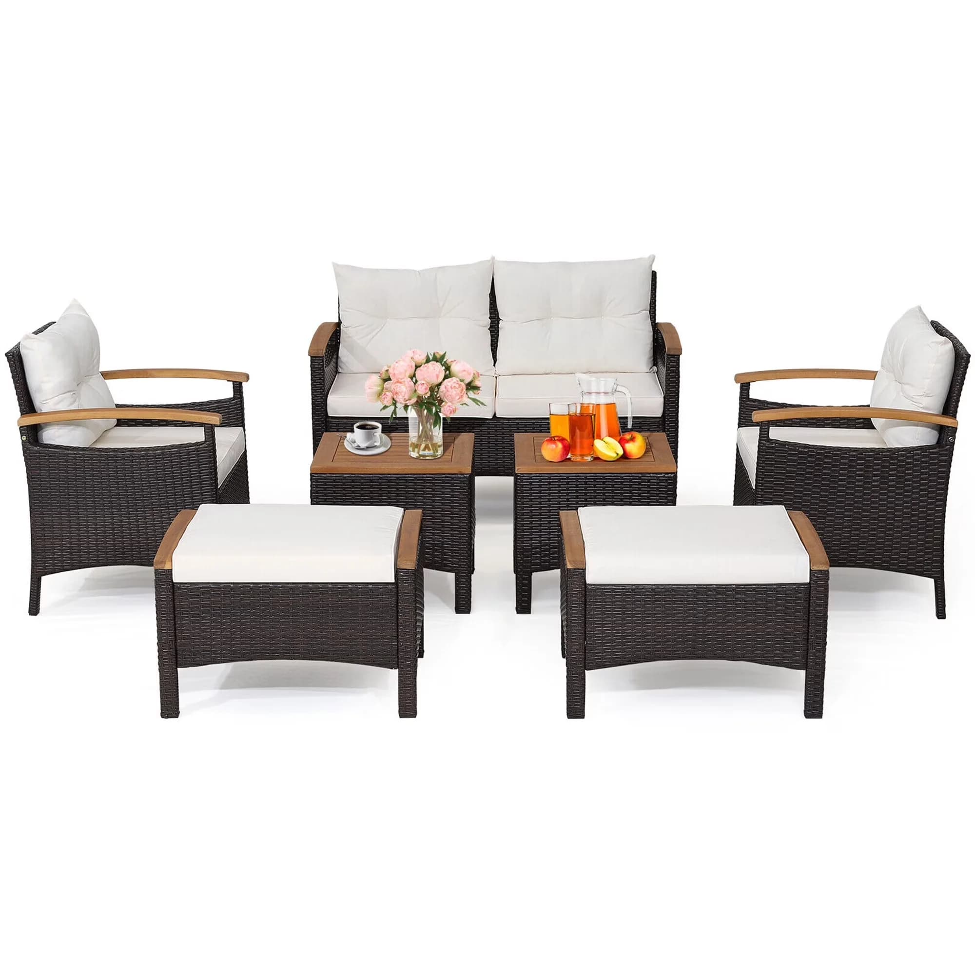 Stylish Patio Conversation Set - Pe Rattan, Steel, Acacia Wood, Polyester Fabric, Sponge, Cotton White Model AFB12D