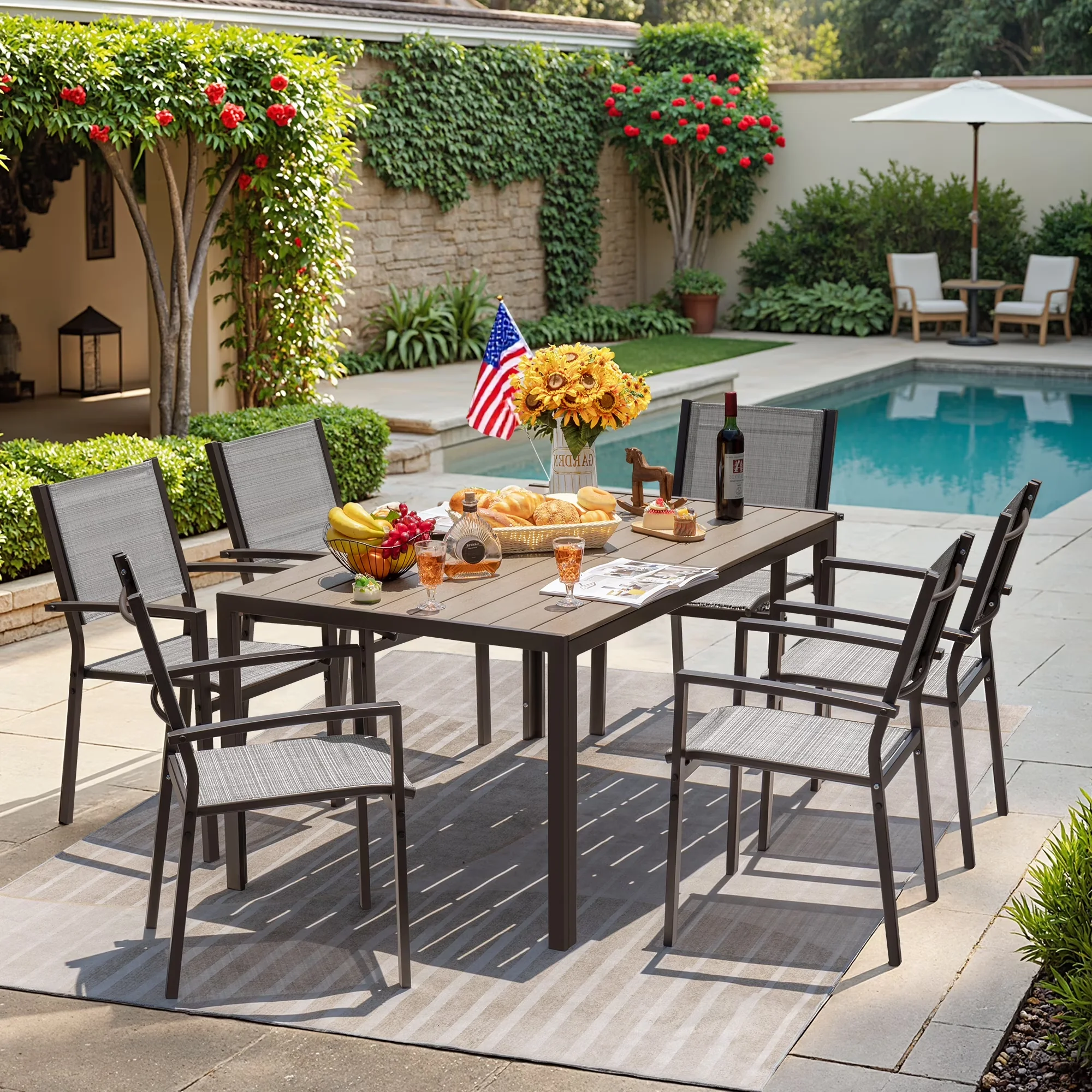 Compact Patio Dining Set with Weatherproof, Rectangular Table, 7 Pieces Outdoor - Gray Model 14A9D5