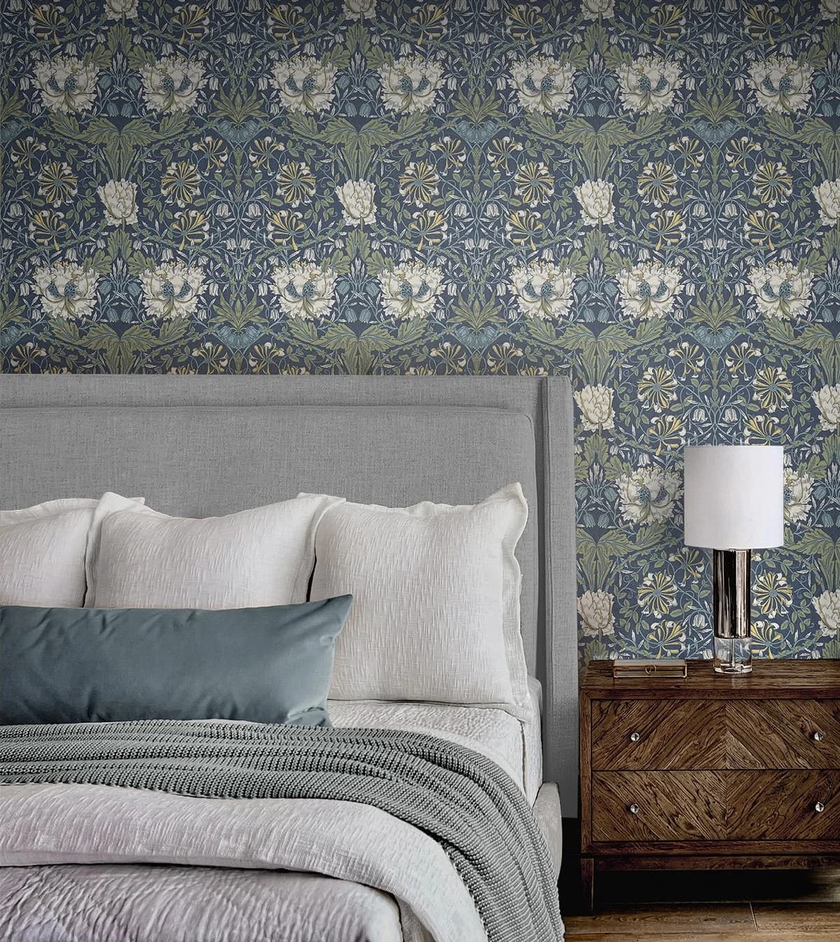 Wallpaper Compact with Removable, Ogee Flora Peel and Stick, 20.9 in. W x 18 ft. L - Self-Adhesive Vinyl Indigo Dye & Sage Model A60A2D