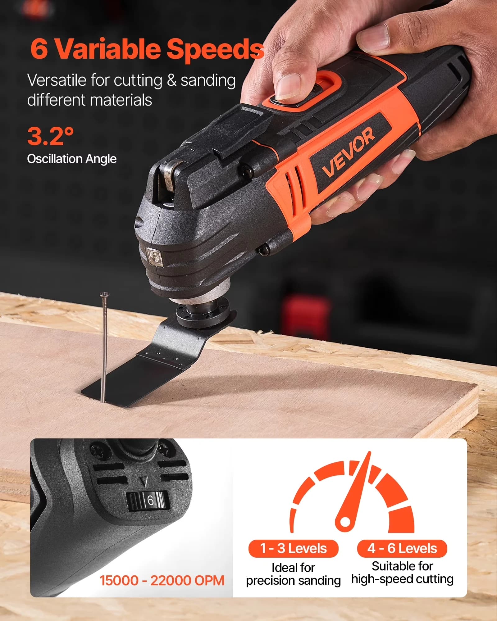 Sleek Woodworking with LED, 3Amps Corded Oscillating Multi Tool - Black Model C8DE09