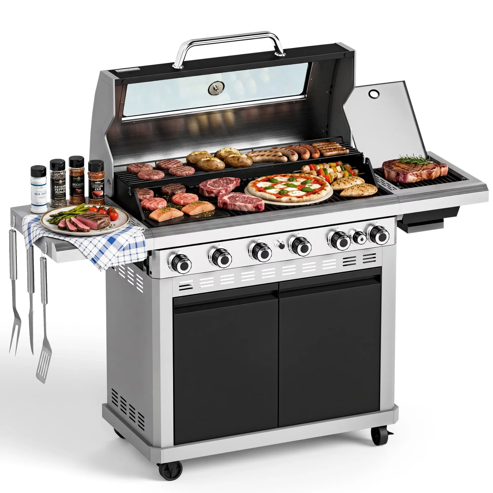 Essential Gas Grill with 13500 BTU, Heat Thermometer - Black Porcelain Enameled; Stainless Steel Model AD6AD8