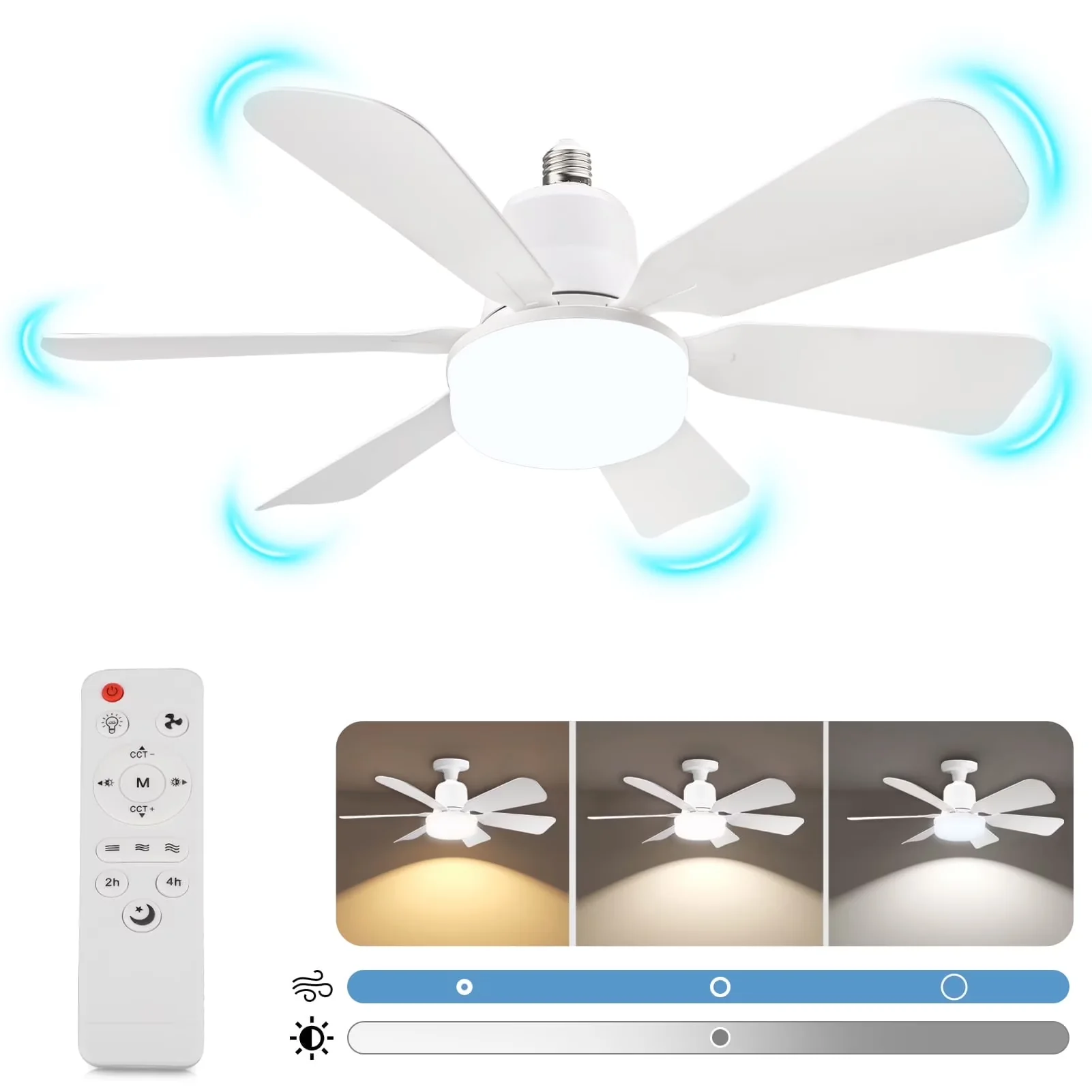 Classic Ceiling Fan with LED, Modern, Socket Light - White for Kitchen, Bedroom Model 4EAC26