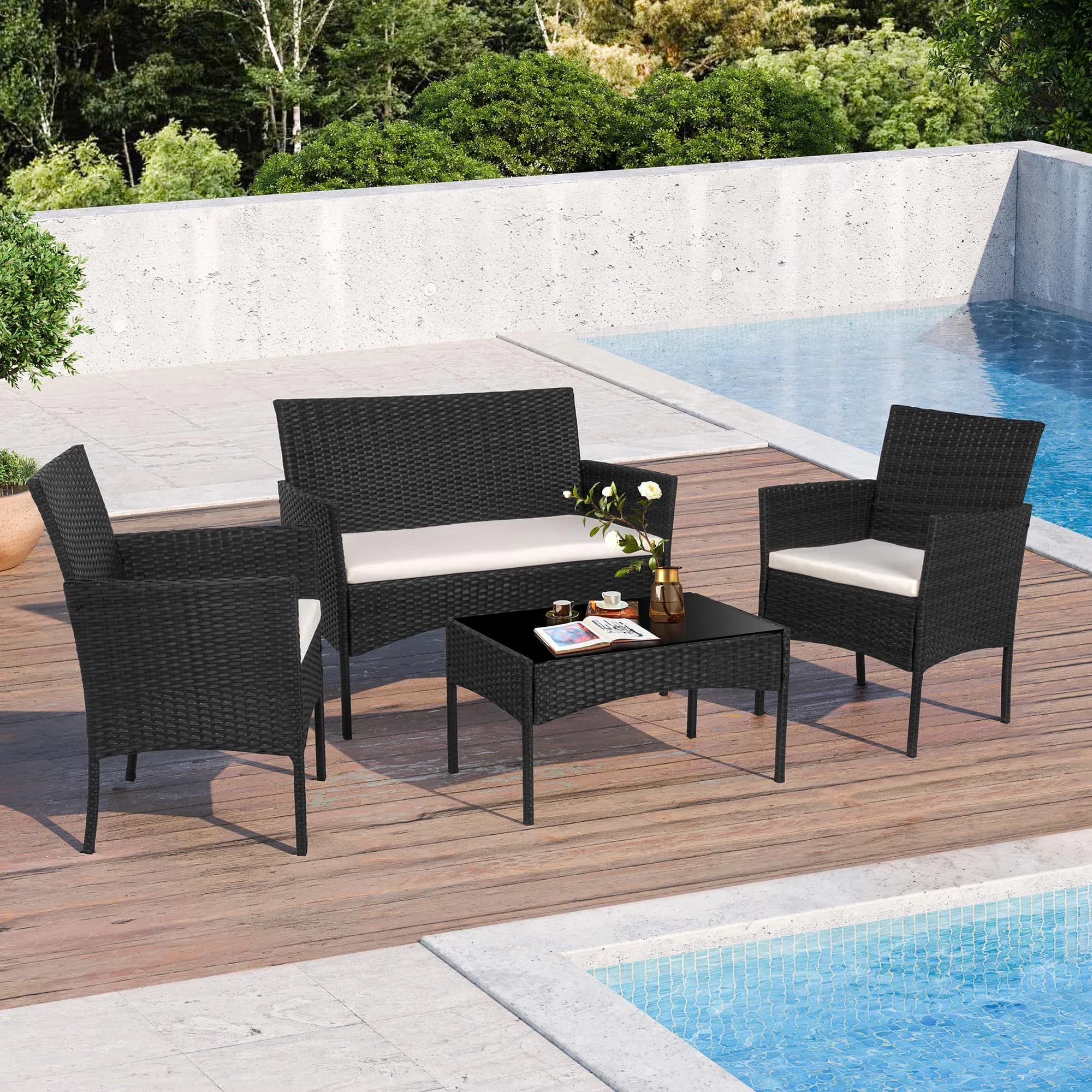 Classic Outdoor Sofas Sectional with Wicker Sofa Set, 4-Piece Patio Furniture Set, Tempered Glass Table - Pe Wicker +Steel Frame +... Model F8FE77