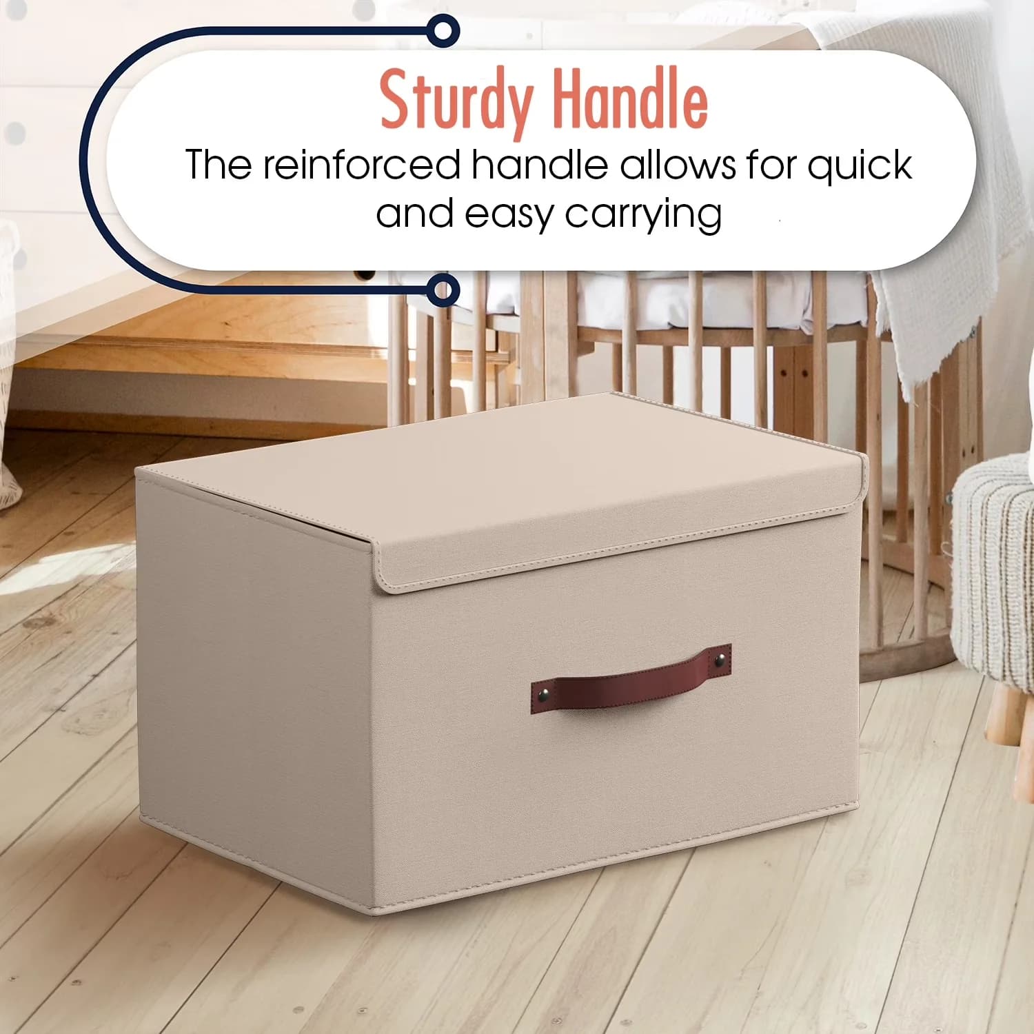 Durable Garage Storage Supply with Collapsible, Leather Handles and Lid, Set of 3 - Linen Beige Model 0BA855