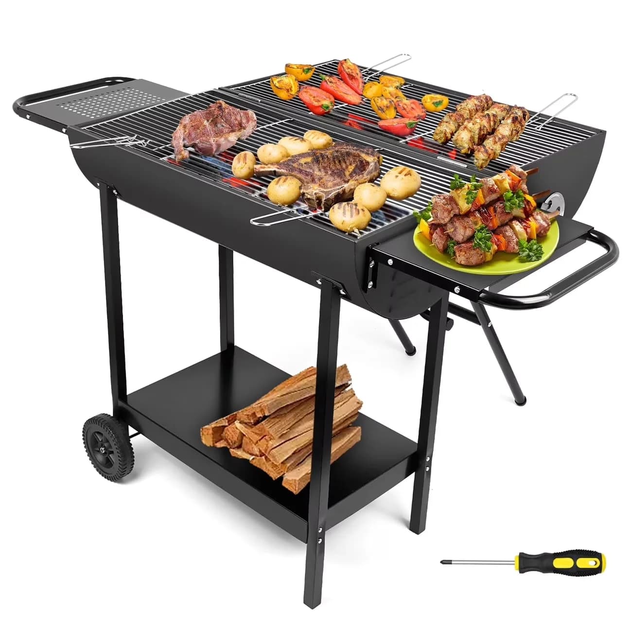Quality Charcoal Grill with Foldable, Two Side Shelf Large Stainless Steel - Black Stainless Steel for Camping Model E06A30