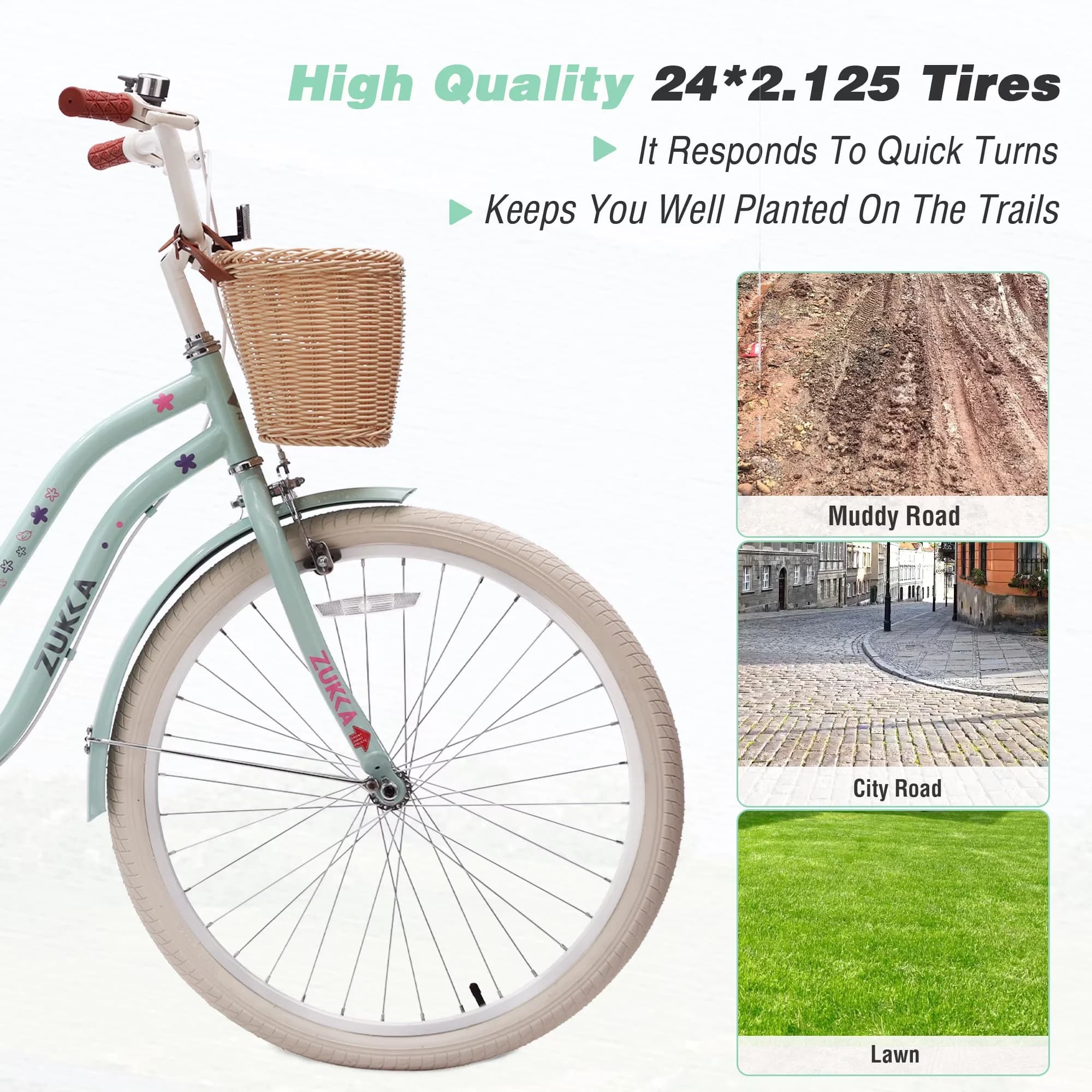 Kids Bike Modern with Adjustable Seat Height, 24" Cruiser Bikes - Green Model A5525D