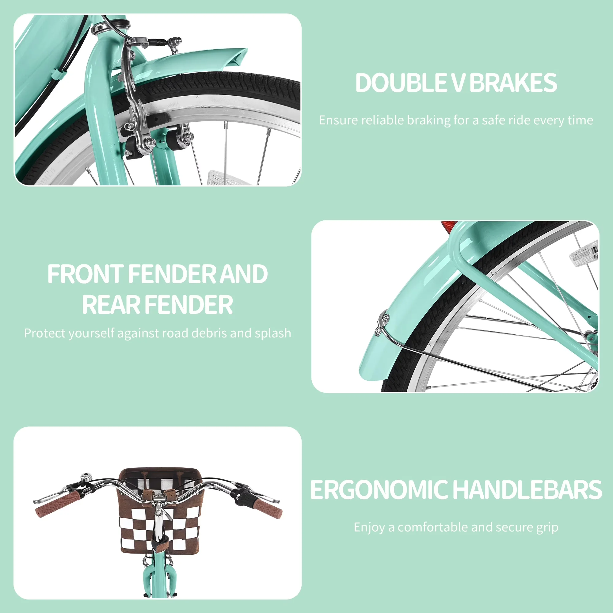 Cruiser Bike Reliable with Adjustable Seat Height, Adjustable Height, Foldable - Green Model 57EC8E