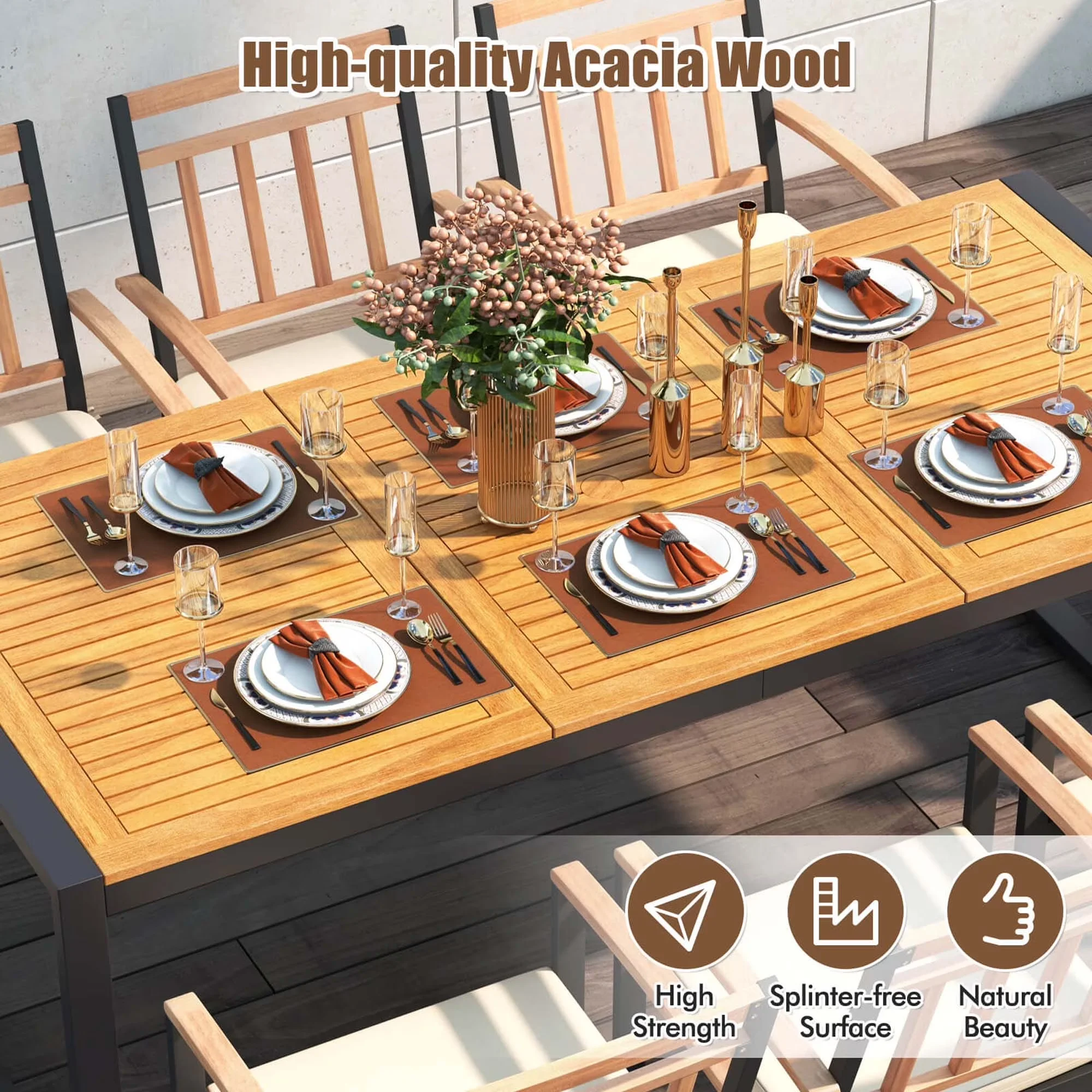 Patio Dining Set Durable with Storage, Soft Cushions and 1.9" Umbrella Hole - Acacia Wood, Metal, Fabric, Sponge Model 88F1BB
