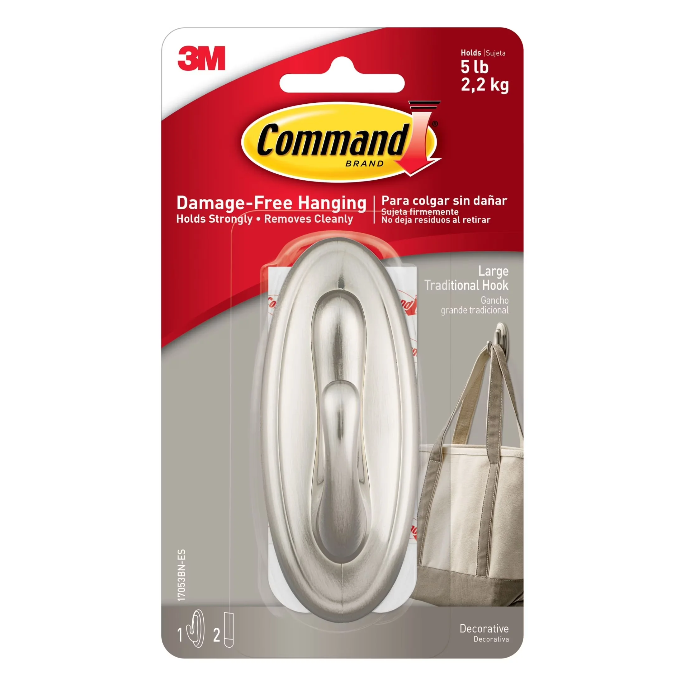 Classic Damage-Free Hanging with Wall-Mountable, Easy Installation, Traditional Hook - Plastic Silver Model E40DB9