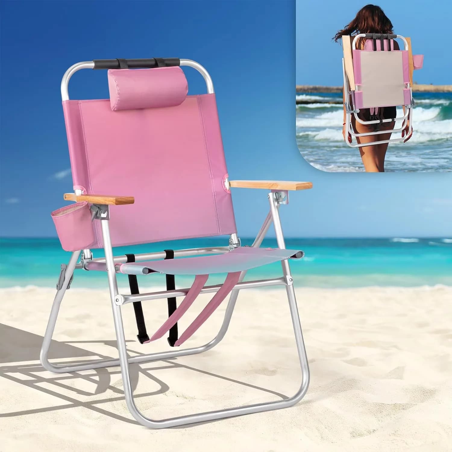 Beach Chair Quality with Adjustable Straps, 17" Tall, Cup Holder - Aluminum, Oxford Cloth Pink Model 638206