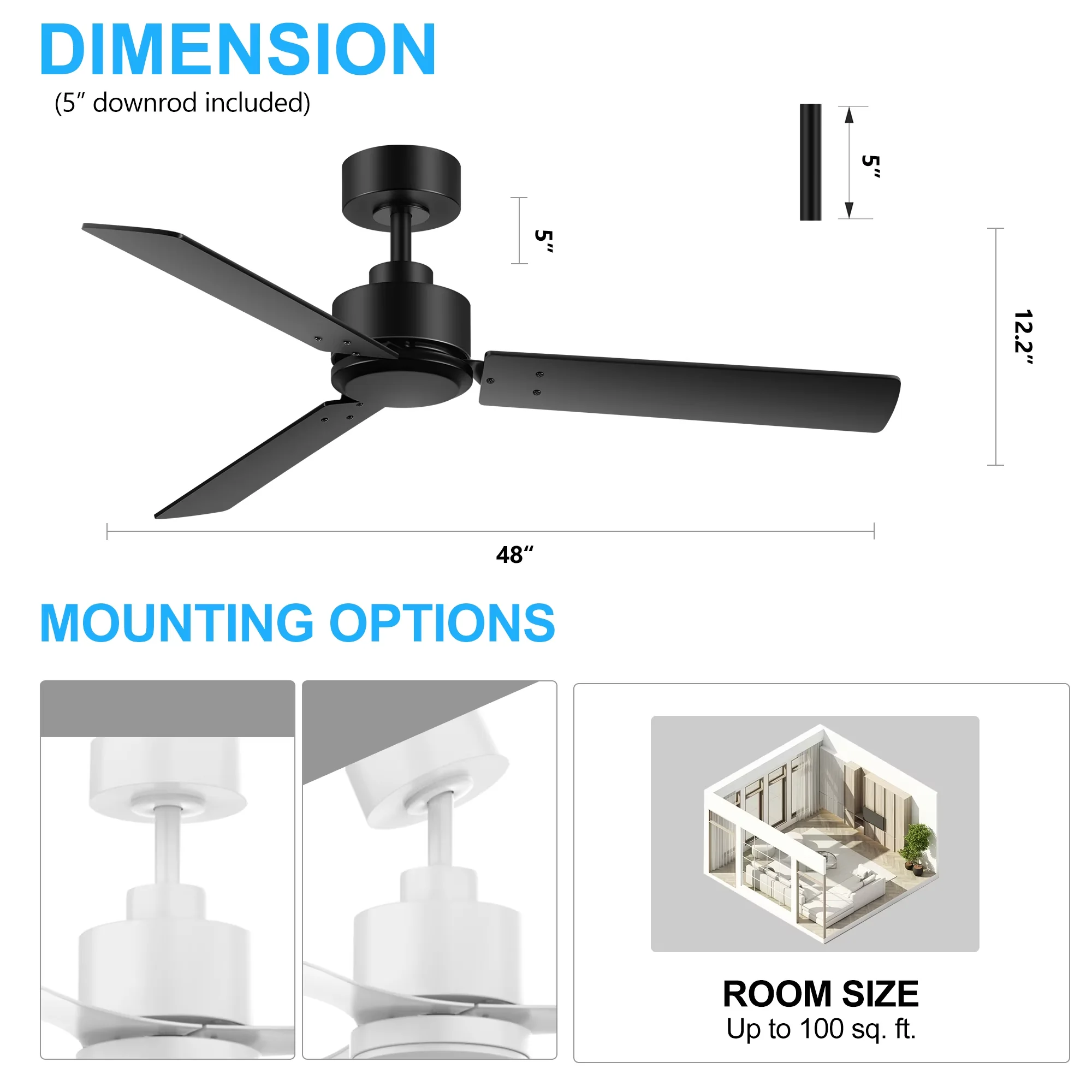 Innovative Ceiling Fan with Eco Friendly, Farmhouse, 3 Blades - Black Plastic Model 29C410