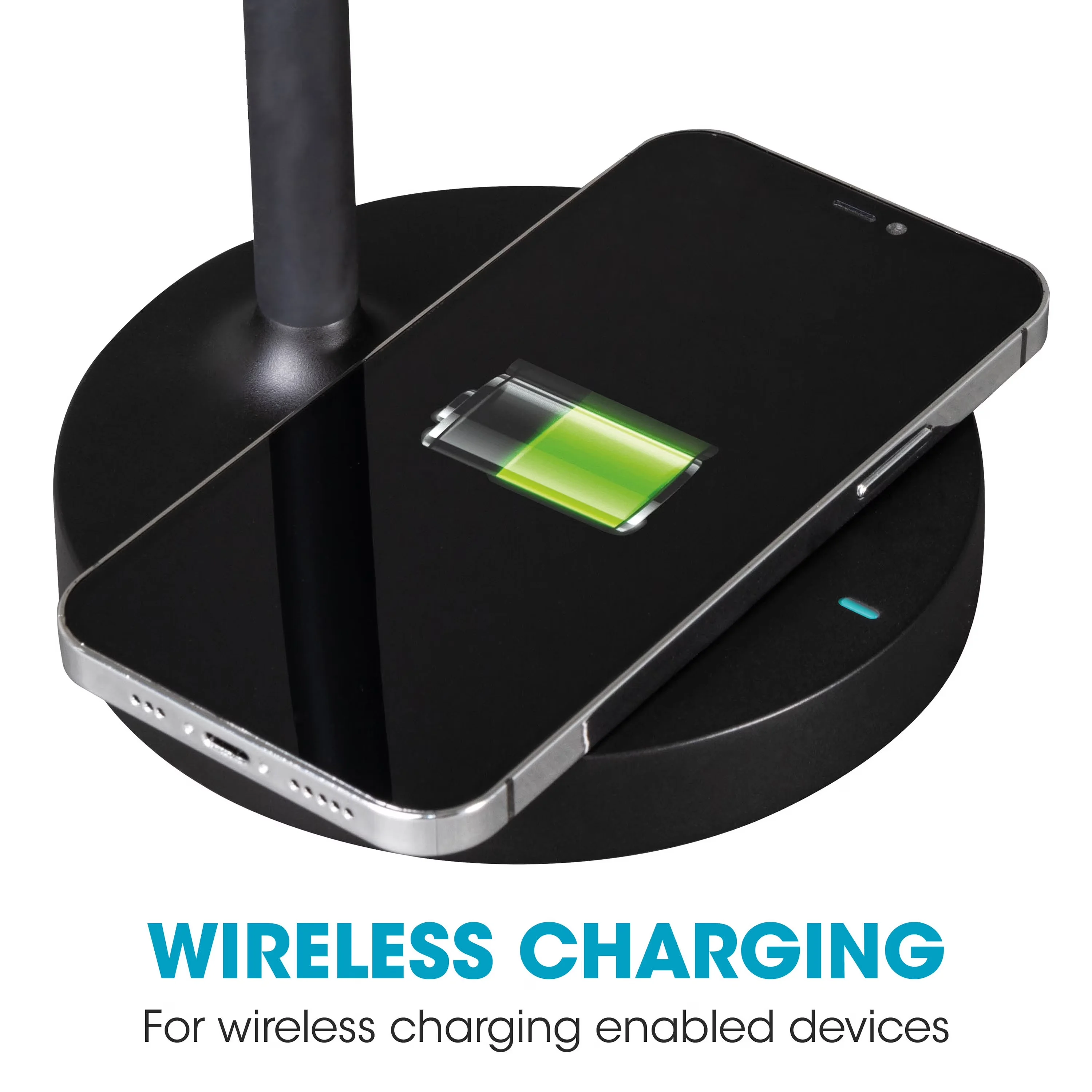 Compact Desk Lamp with LED, Wireless Charging, Adjustable Head - Black Model 5A0E04