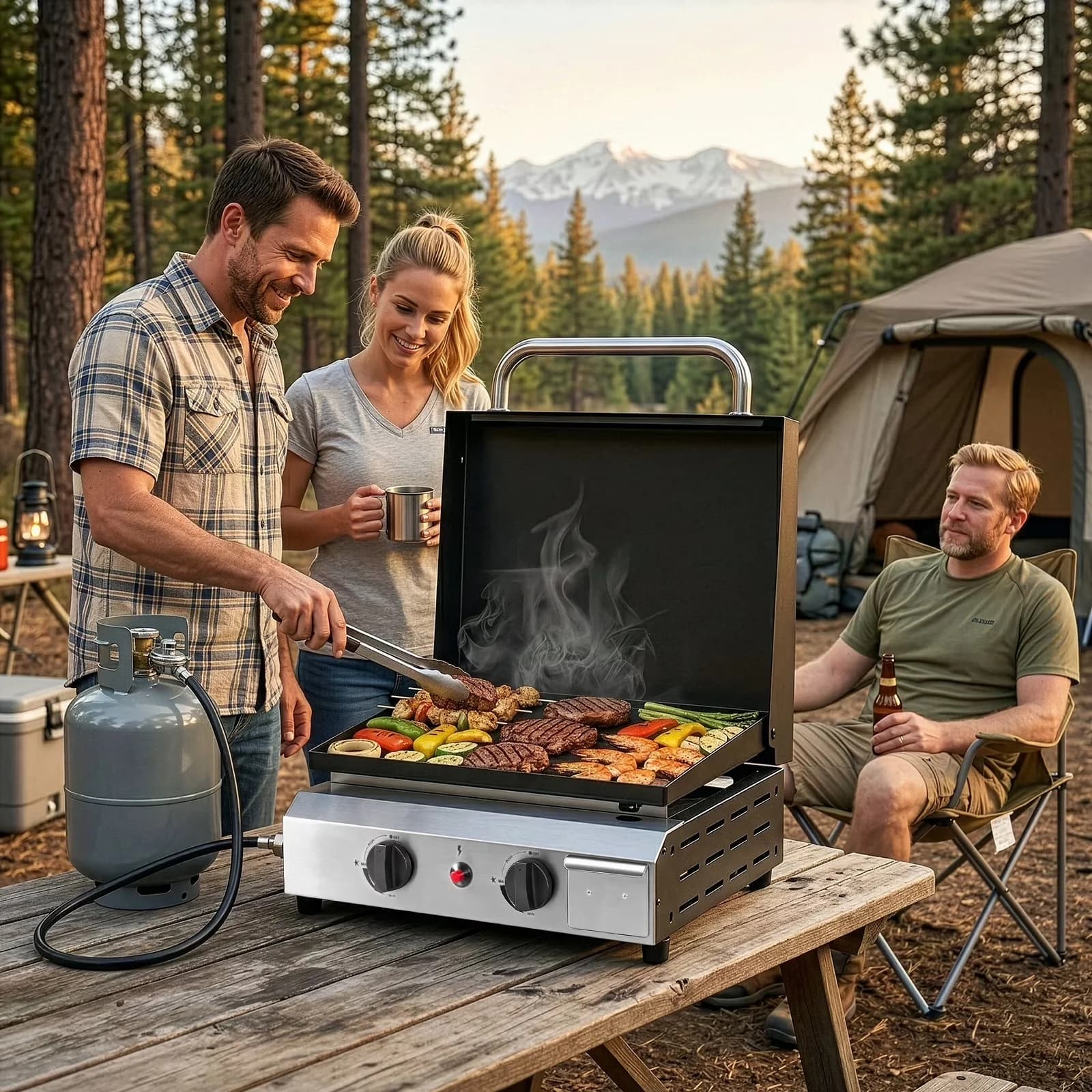 Reliable Flat Top Grill with 20000 BTU, Portable, Table Gas Camping Griddle Portable - Black Stainless Steel Model 6B1F1B