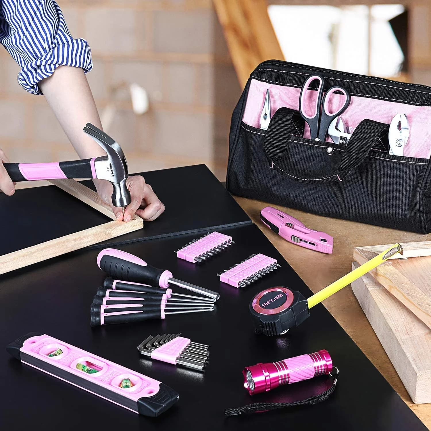 Innovative Hand Tool Set with Pink Kit, Wide Mouth Open Storage Bag, 106-Piece Lady's Home Repairing - Model 765509