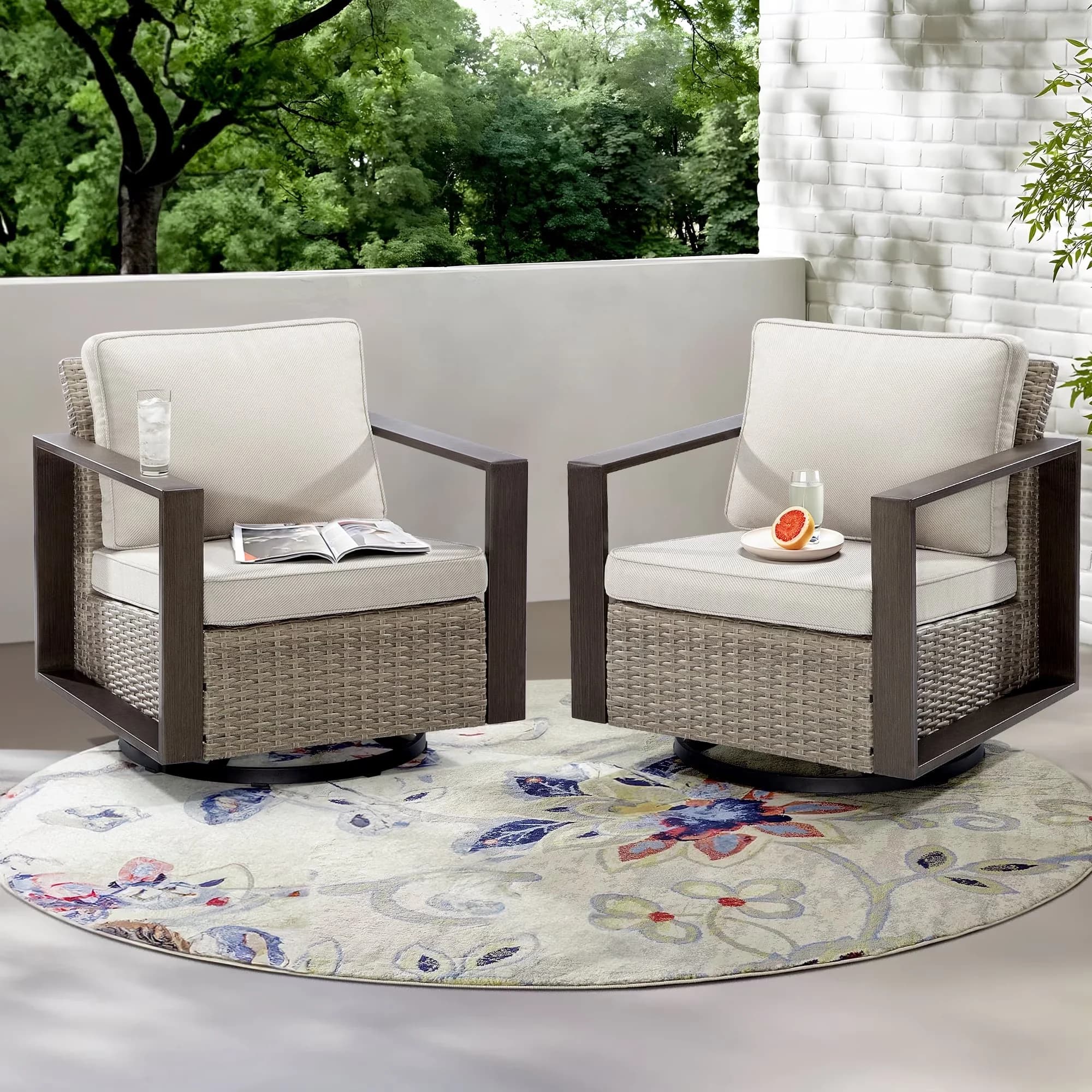 Quality Patio Chair with Swivel, Contemporary Wicker Swivel Rocker Chairs - Wicker; Sponge; Stainless Steel,Polyester, Beige Model B0B8E4